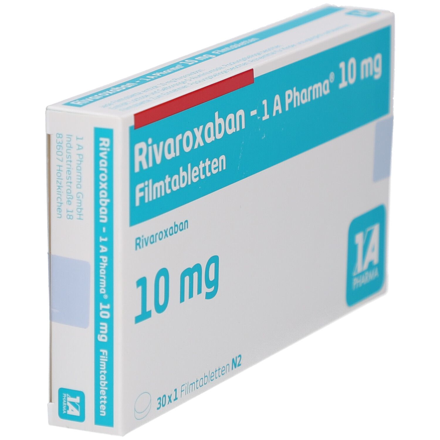 Schachtel mit "Rivaroxaban - 1 A Pharma 10 mg Filmtabletten". Blaue und rote Akzente. 10 mg Schriftzug. 30 x 1 Filmtabletten N2. Seitenansicht.
