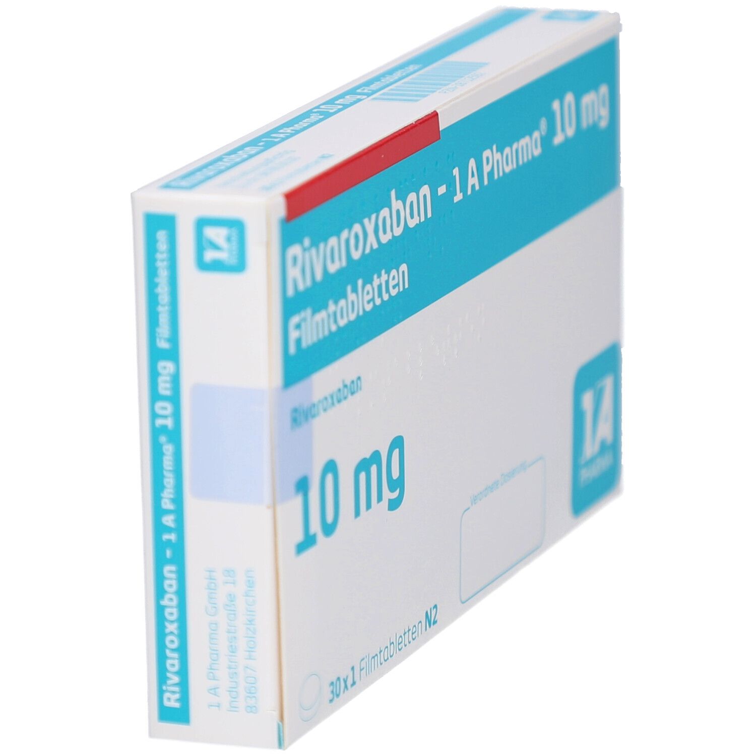 Schachtel mit "Rivaroxaban - 1 A Pharma 10 mg Filmtabletten". Blaue und rote Akzente. 10 mg Schriftzug. 30 x 1 Filmtabletten N2. Schräge Ansicht.
