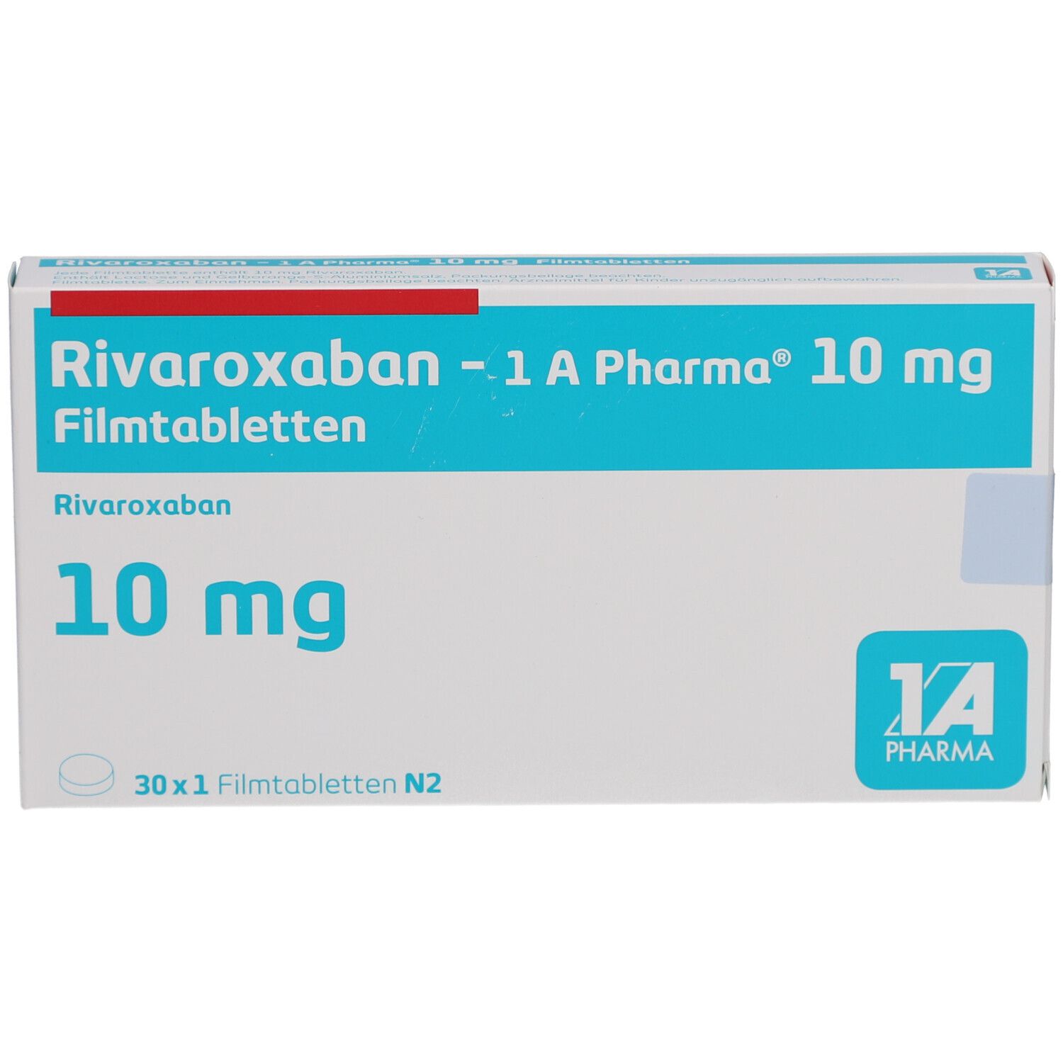 Schachtel mit "Rivaroxaban - 1 A Pharma 10 mg Filmtabletten". Blaue und rote Akzente. 10 mg Schriftzug. 30 x 1 Filmtabletten N2.