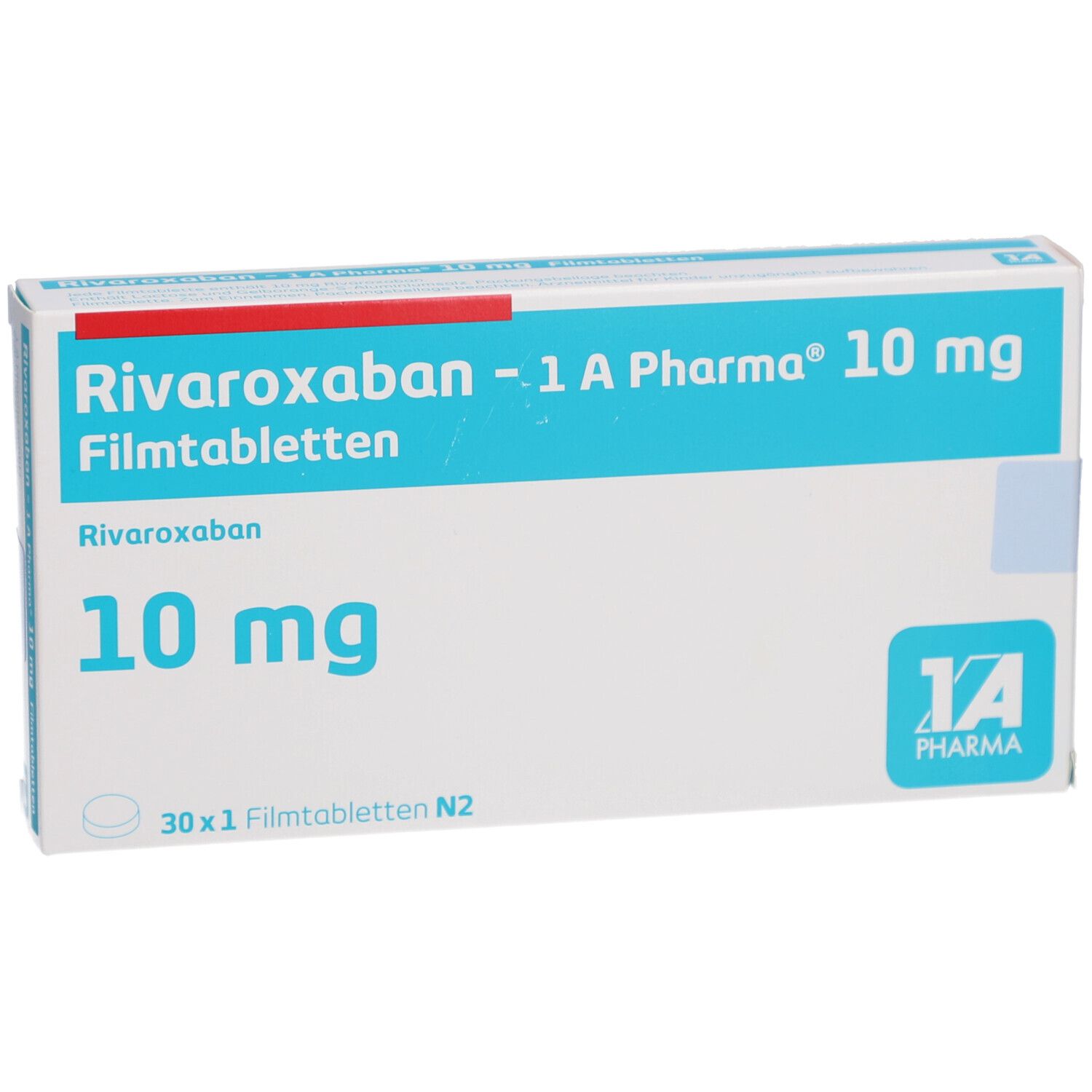 Schachtel mit "Rivaroxaban - 1 A Pharma 10 mg Filmtabletten". Blaue und rote Akzente. 10 mg Schriftzug. 30 x 1 Filmtabletten N2.