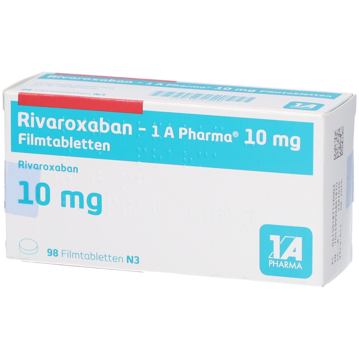 Schachtel mit 'Rivaroxaban - 1 A Pharma 10 mg Filmtabletten'. Blaue und weiße Verpackung. 98 Filmtabletten. Logo '1A Pharma'.