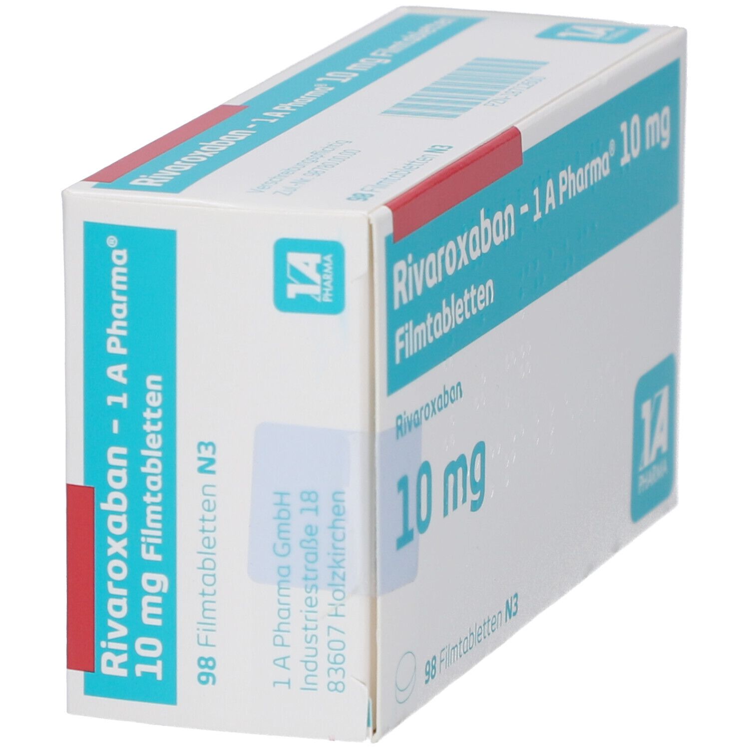 Schachtel 'Rivaroxaban - 1 A Pharma 10 mg Filmtabletten'. Ansicht schräg. Blaue und weiße Verpackung. Logo '1A Pharma'. 98 Filmtabletten.