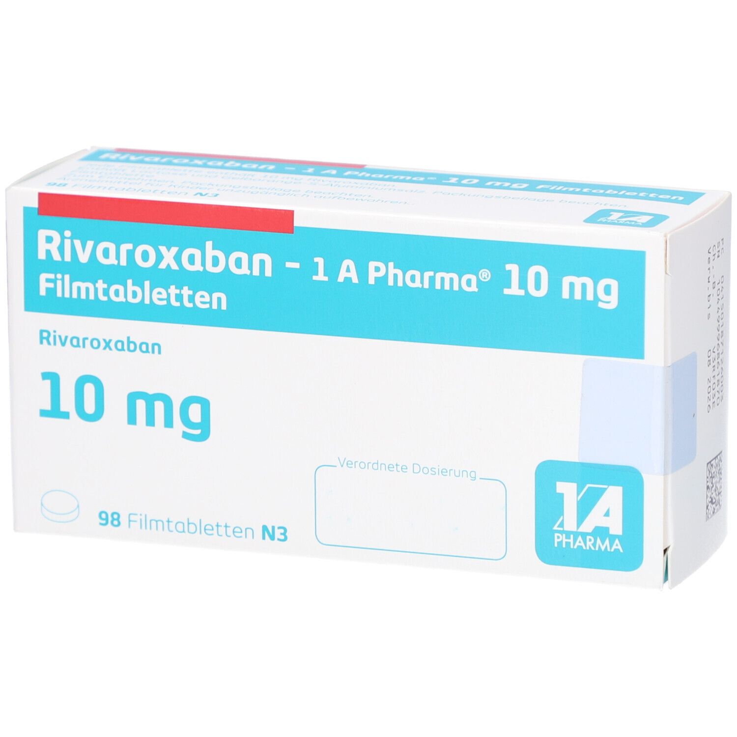 Schachtel 'Rivaroxaban - 1 A Pharma 10 mg Filmtabletten'. Blaue und weiße Verpackung. 98 Filmtabletten. Logo '1A Pharma'.