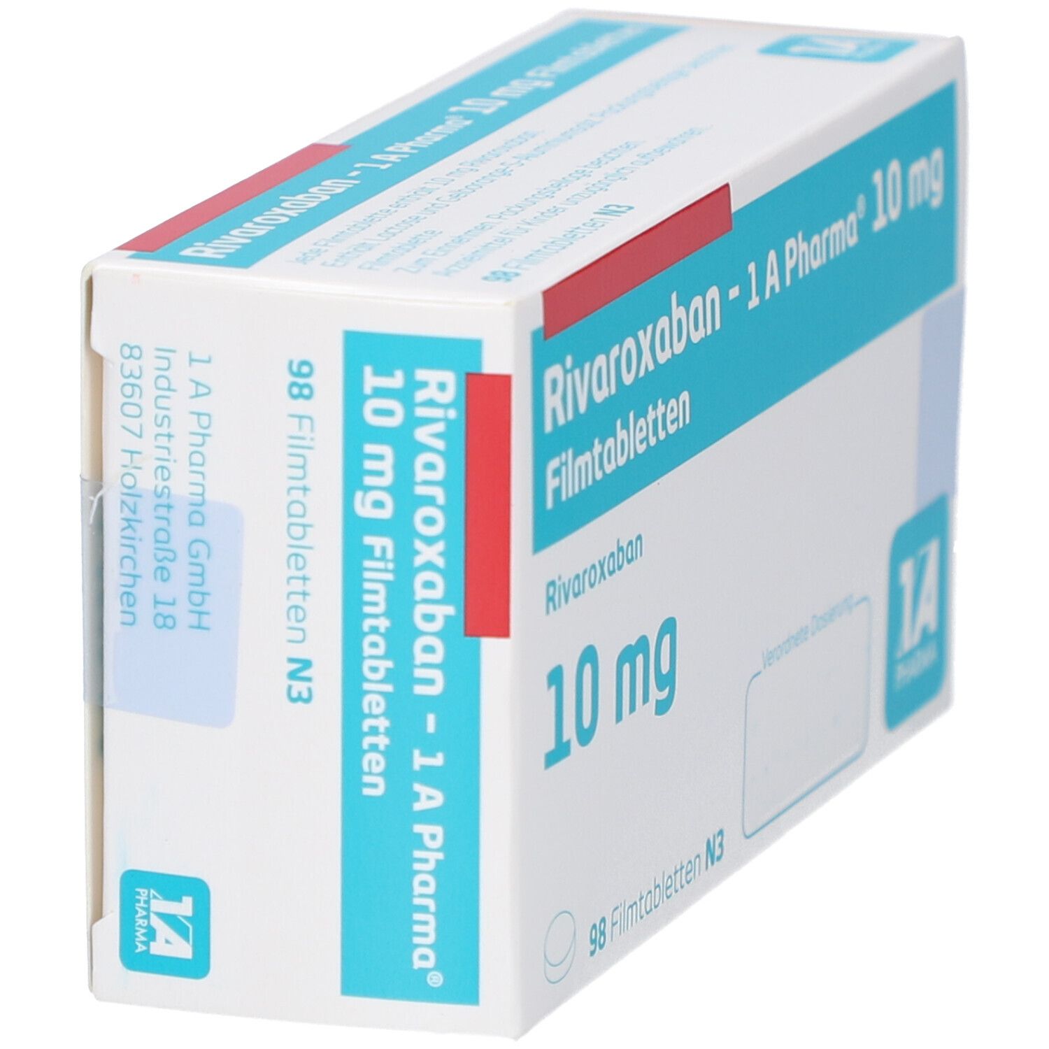 Schachtel 'Rivaroxaban - 1 A Pharma 10 mg Filmtabletten'. Schräge Ansicht. Blaue und weiße Verpackung. Logo '1A Pharma'.