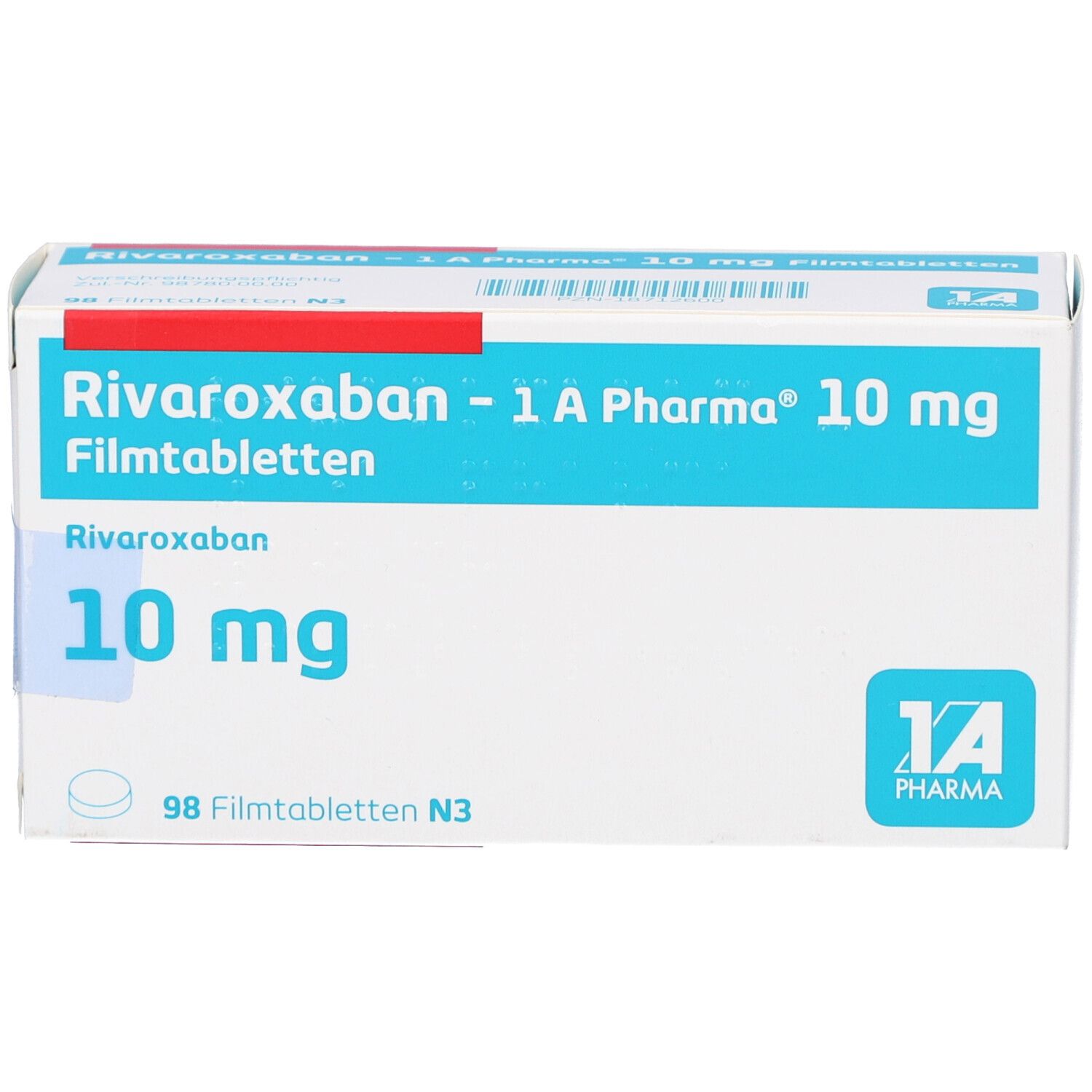 Schachtel 'Rivaroxaban - 1 A Pharma 10 mg Filmtabletten'. Blaue und weiße Verpackung. 98 Filmtabletten. Logo '1A Pharma'.