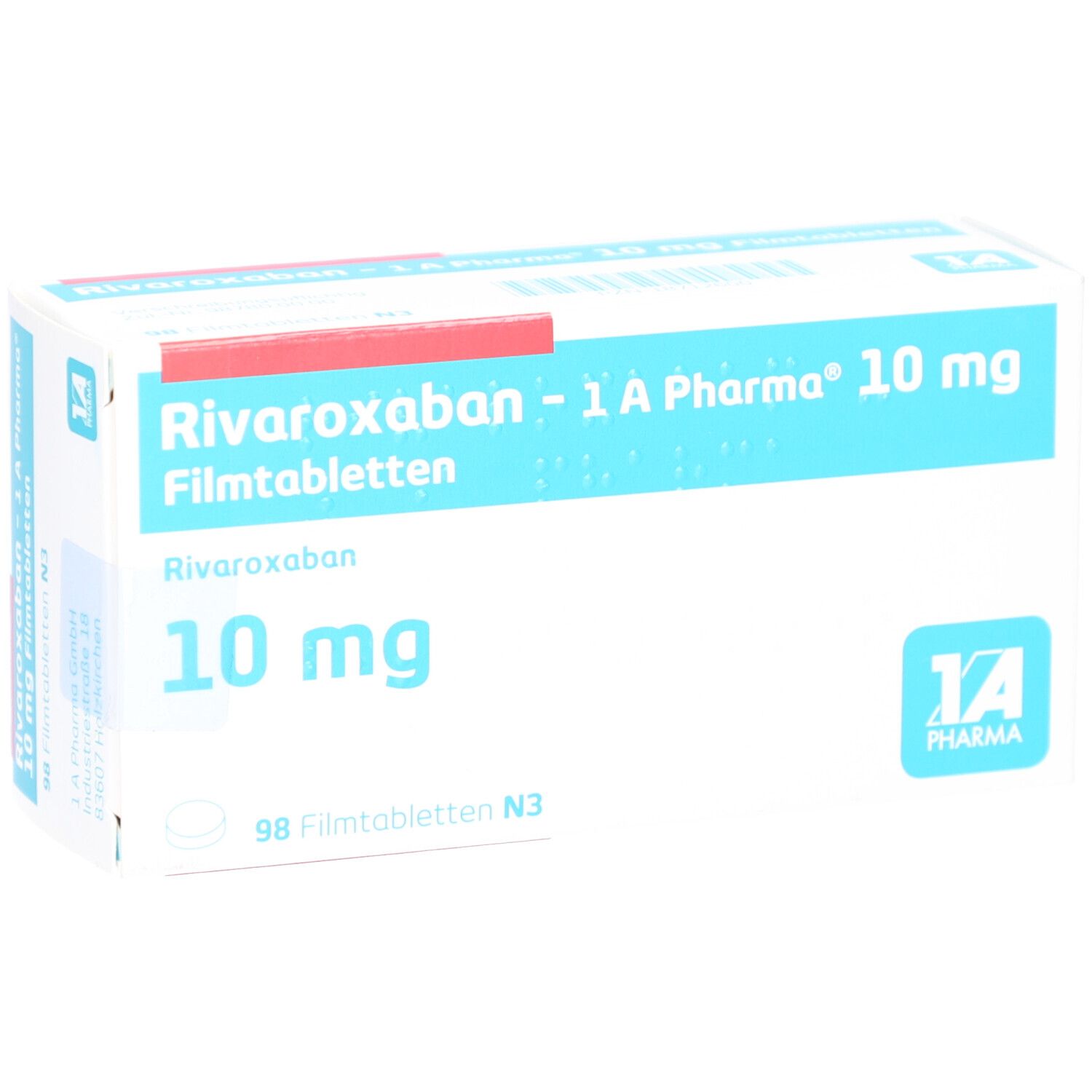 Schachtel 'Rivaroxaban - 1 A Pharma 10 mg Filmtabletten'. Blaue und weiße Verpackung. Logo '1A Pharma'. 98 Filmtabletten.