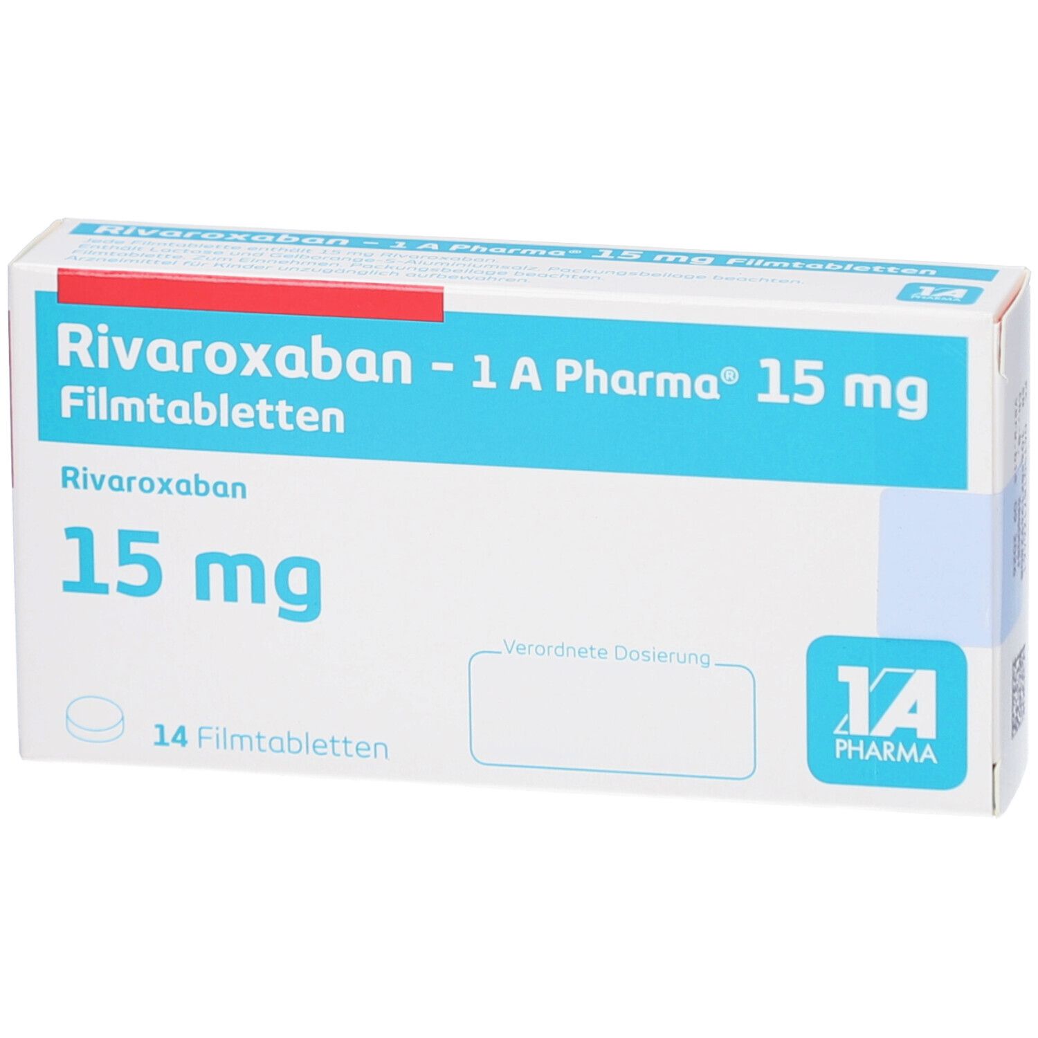 Schachtel mit blauer Schrift: RIVAROXABAN-1A Pharma 15 mg Filmtabletten. 14 Filmtabletten. Logo 1A Pharma.