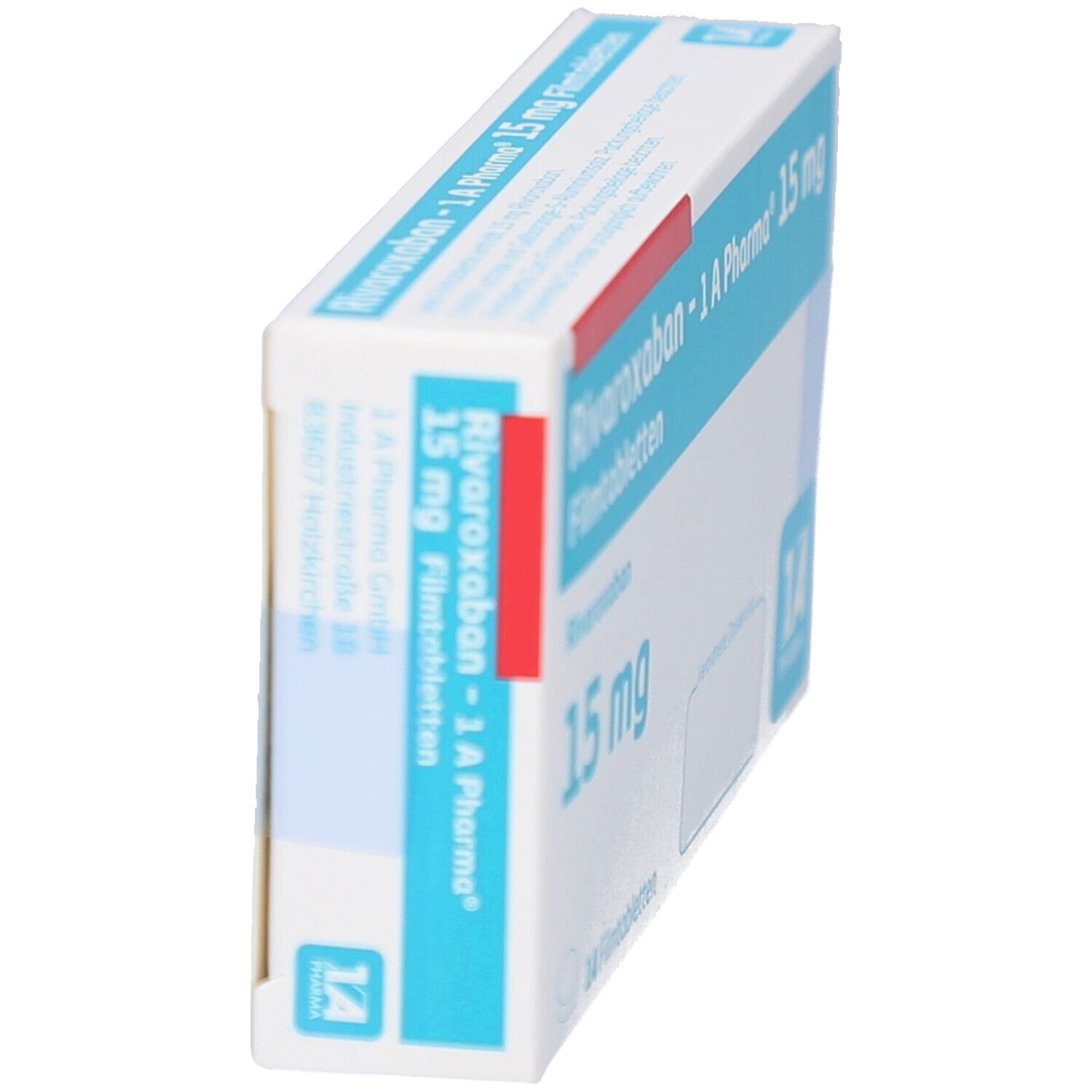 Schachtel, Seitenansicht. Blaue Schrift: RIVAROXABAN-1A Pharma 15 mg Filmtabletten. Logo 1A Pharma. Rote Markierung.