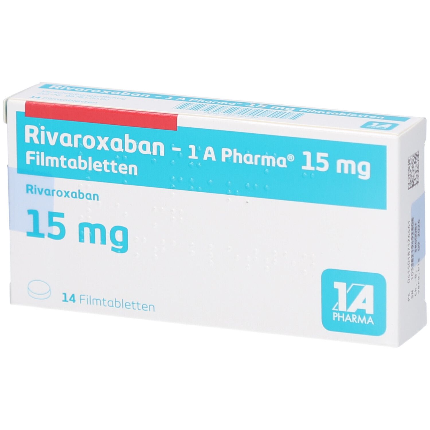 Schachtel mit blauer Schrift: RIVAROXABAN-1A Pharma 15 mg Filmtabletten. 14 Filmtabletten. Logo 1A Pharma.