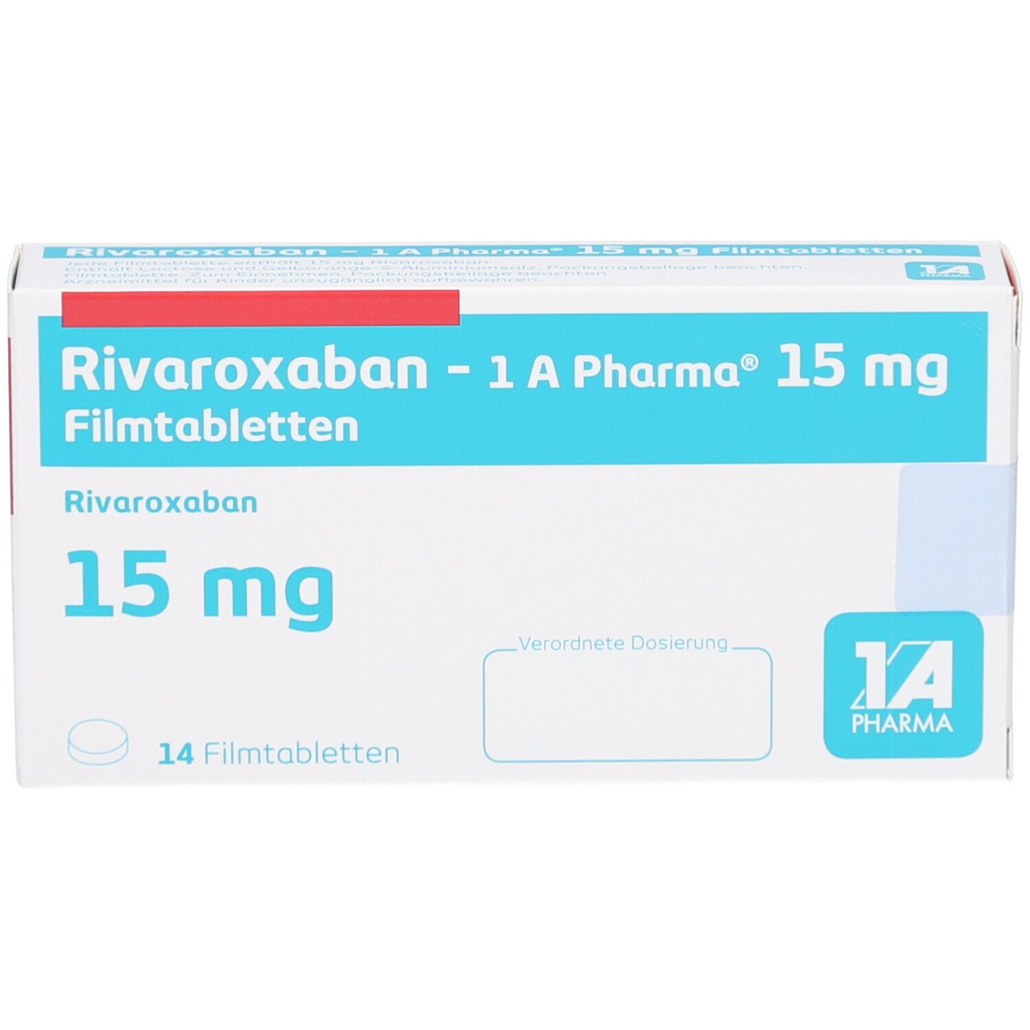 Schachtel mit blauer Schrift: RIVAROXABAN-1A Pharma 15 mg Filmtabletten. 14 Filmtabletten. Logo 1A Pharma.