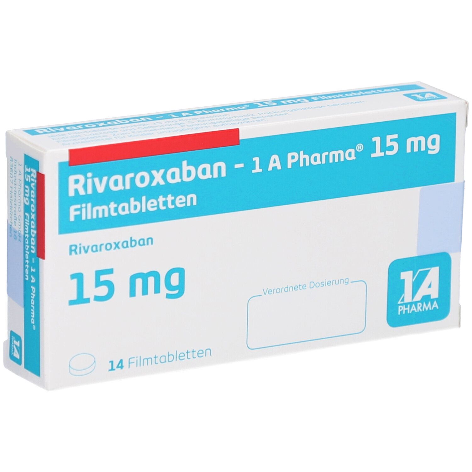 Schachtel mit blauer Schrift: RIVAROXABAN-1A Pharma 15 mg Filmtabletten. 14 Filmtabletten. Logo 1A Pharma.