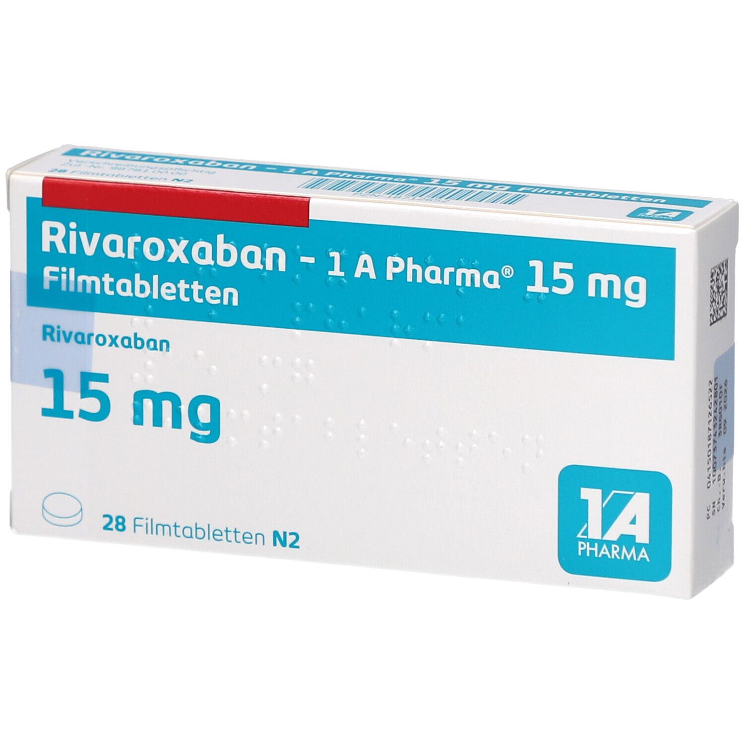 Schachtel mit RIVAROXABAN-1A Pharma 15 mg Filmtabletten. Aufschrift: 15 mg, 28 Filmtabletten N2. Logo 1A Pharma.