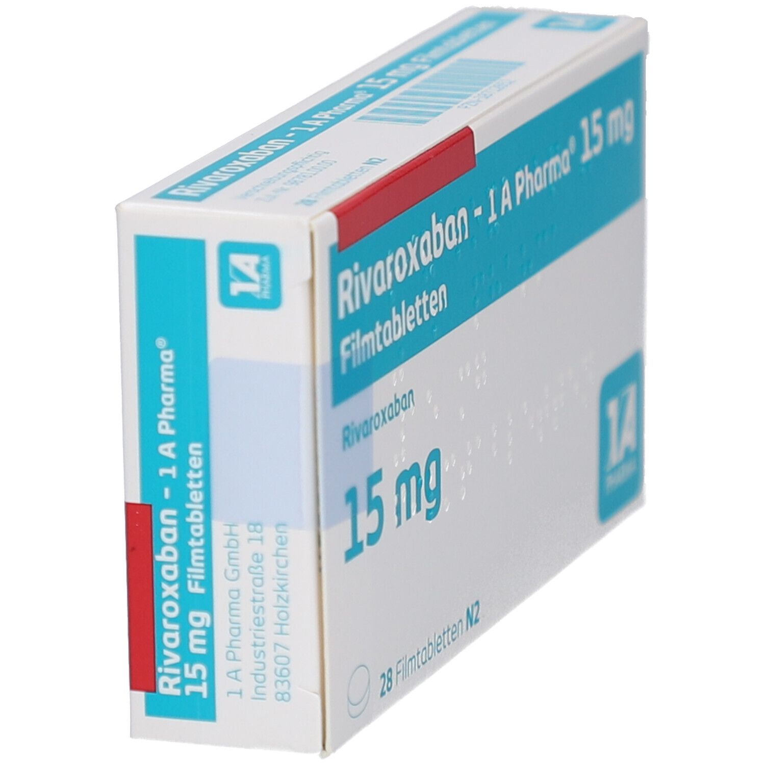 Schachtel RIVAROXABAN-1A Pharma 15 mg Filmtabletten. Aufschrift: 15 mg, 28 Filmtabletten N2. Logo 1A Pharma. Seitenansicht.