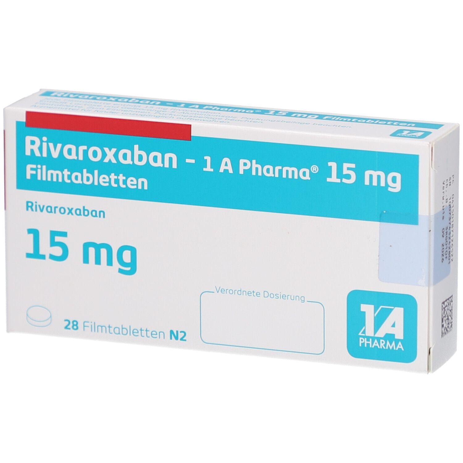 Schachtel mit RIVAROXABAN-1A Pharma 15 mg Filmtabletten. Aufschrift: 15 mg, 28 Filmtabletten N2. Logo 1A Pharma. Freiraum für Dosierung.