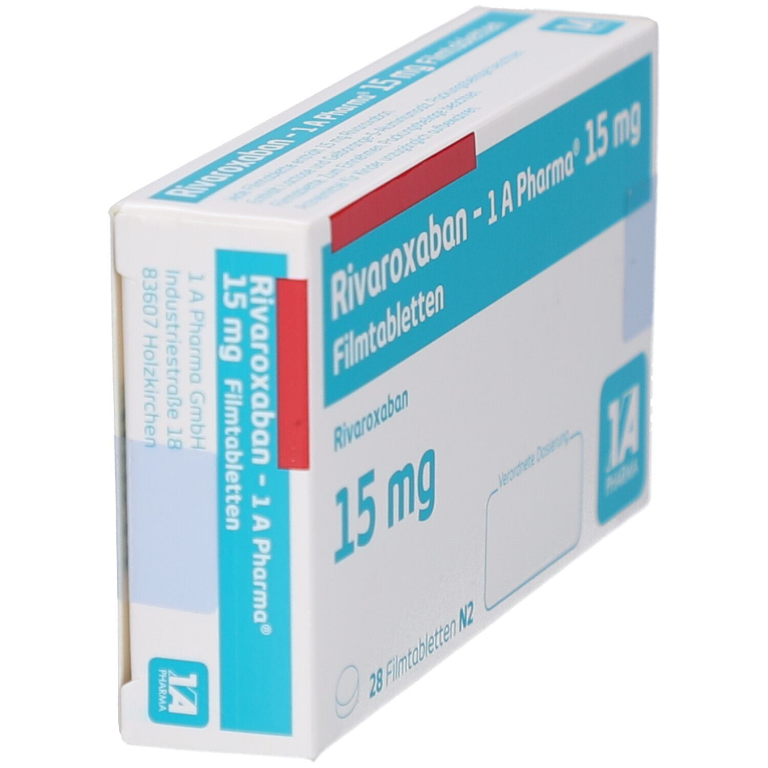 Schachtel RIVAROXABAN-1A Pharma 15 mg Filmtabletten. Aufschrift: 15 mg, 28 Filmtabletten N2. Logo 1A Pharma. Seitenansicht.