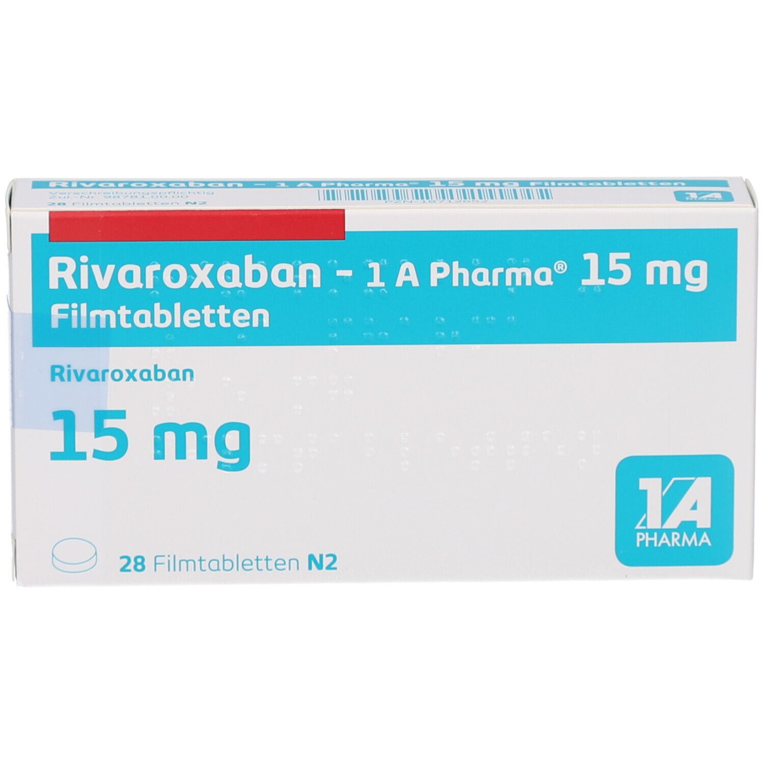 Schachtel mit RIVAROXABAN-1A Pharma 15 mg Filmtabletten. Aufschrift: 15 mg, 28 Filmtabletten N2. Logo 1A Pharma.