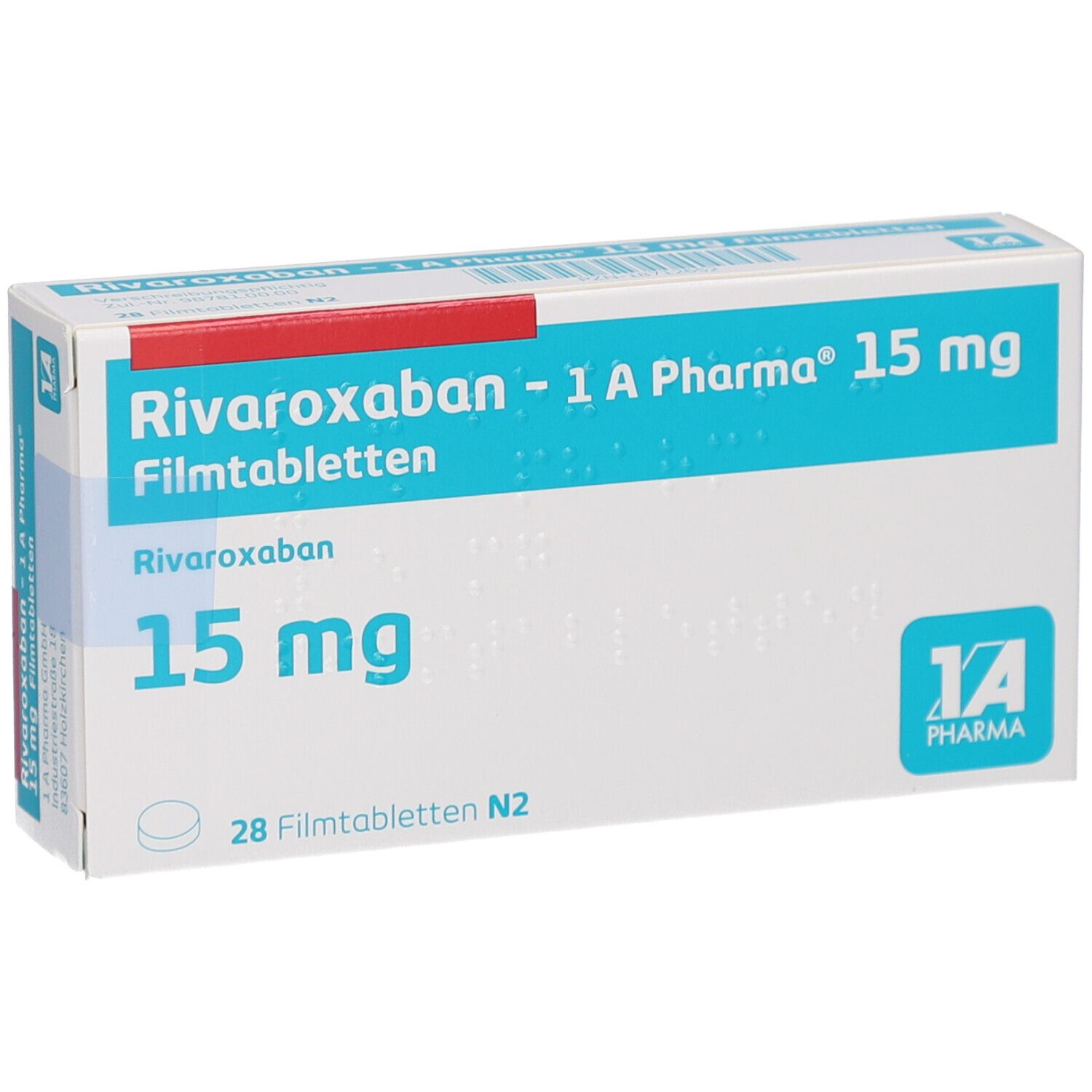 Schachtel mit RIVAROXABAN-1A Pharma 15 mg Filmtabletten. Aufschrift: 15 mg, 28 Filmtabletten N2. Logo 1A Pharma. Seitenansicht.