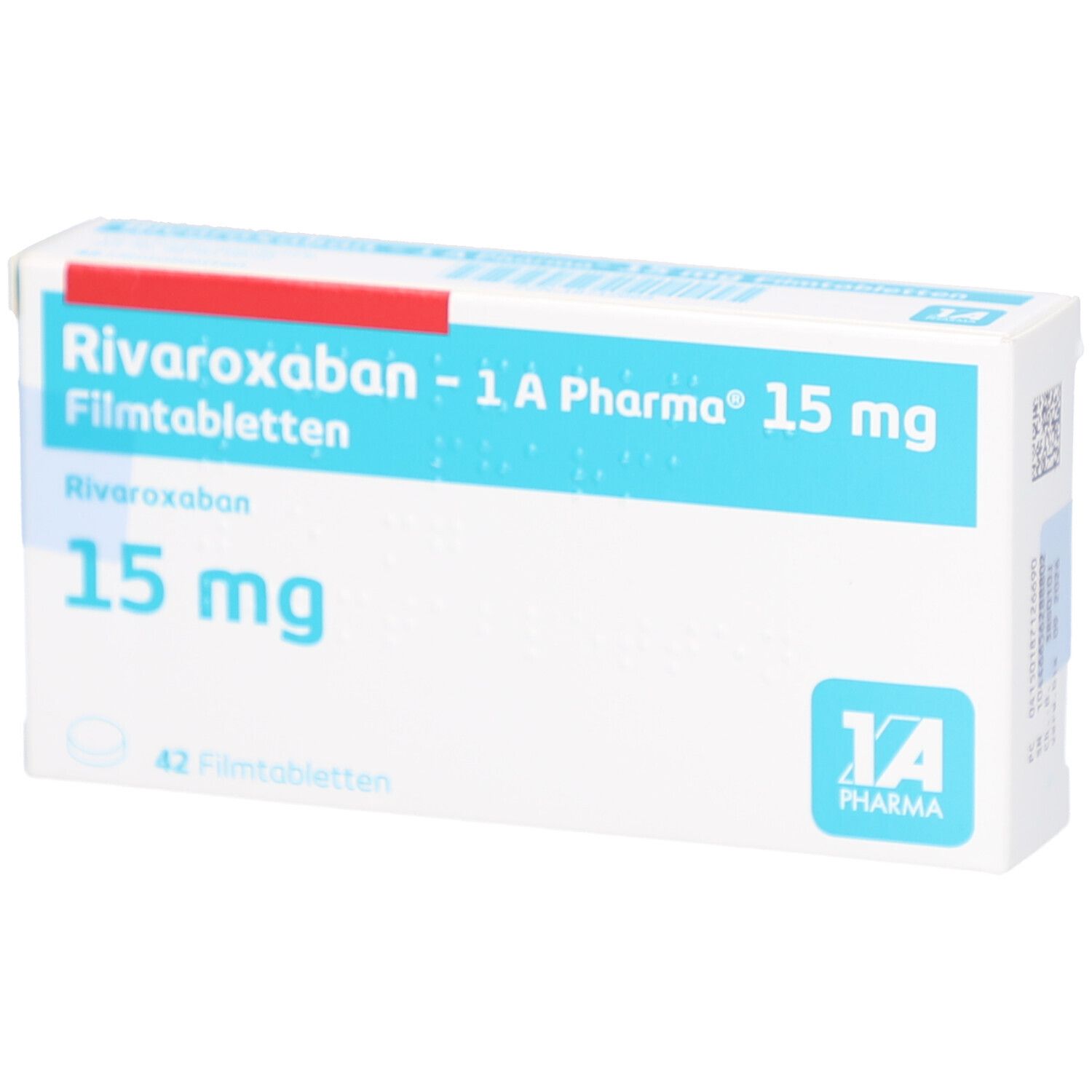 Schachtel mit Filmtabletten. Aufschrift: Rivaroxaban - 1 A Pharma 15 mg Filmtabletten. 42 Filmtabletten. Logo 1 A Pharma.
