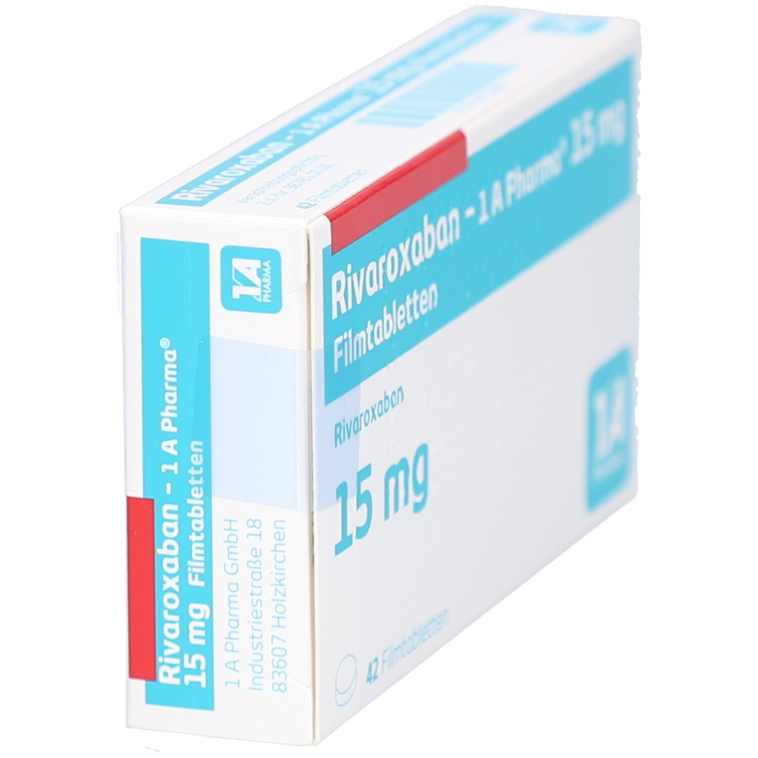 Schachtel mit Filmtabletten, schräg. Aufschrift: Rivaroxaban - 1 A Pharma 15 mg Filmtabletten. Logo 1 A Pharma. Adresse: 1 A Pharma GmbH.