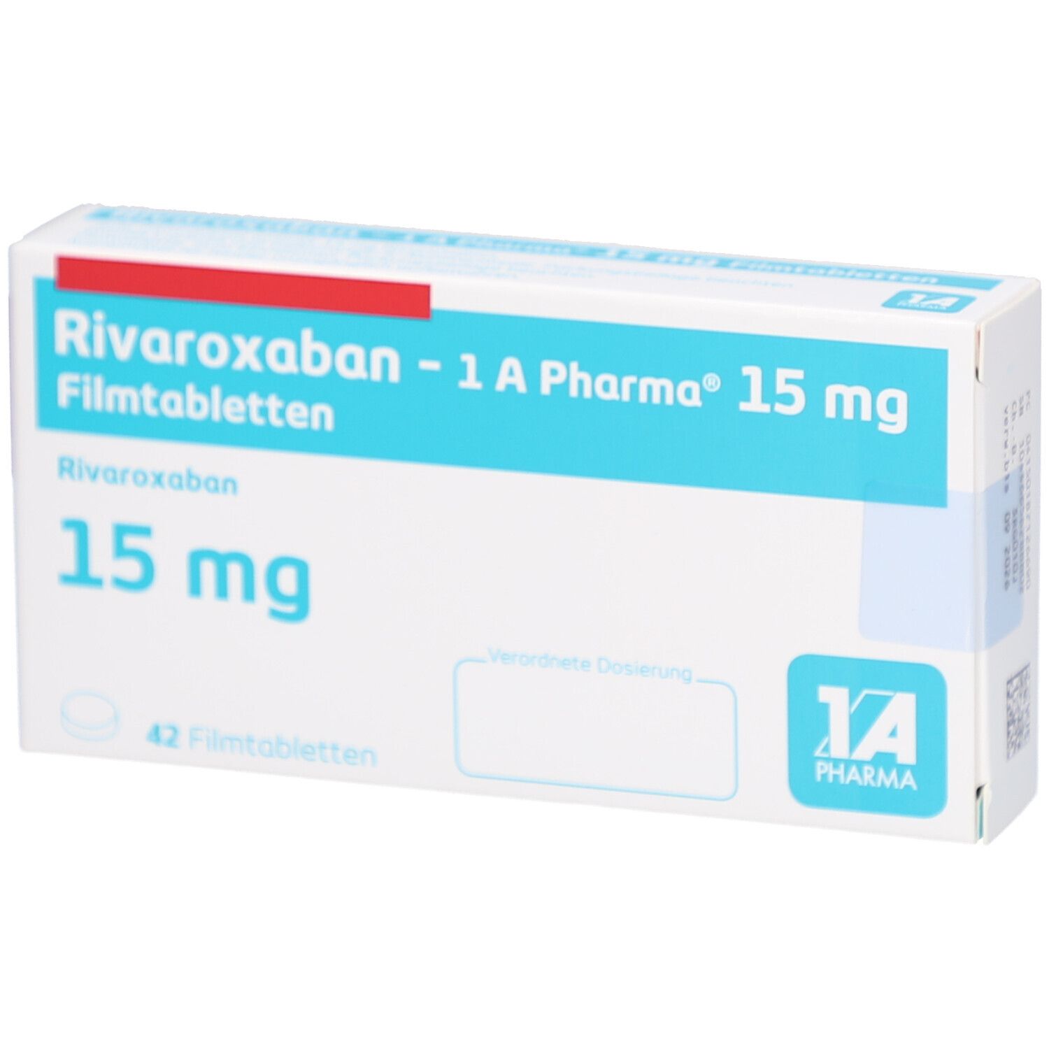 Schachtel mit Filmtabletten. Aufschrift: Rivaroxaban - 1 A Pharma 15 mg Filmtabletten. 42 Filmtabletten. Logo 1 A Pharma. Mit leerem Feld.