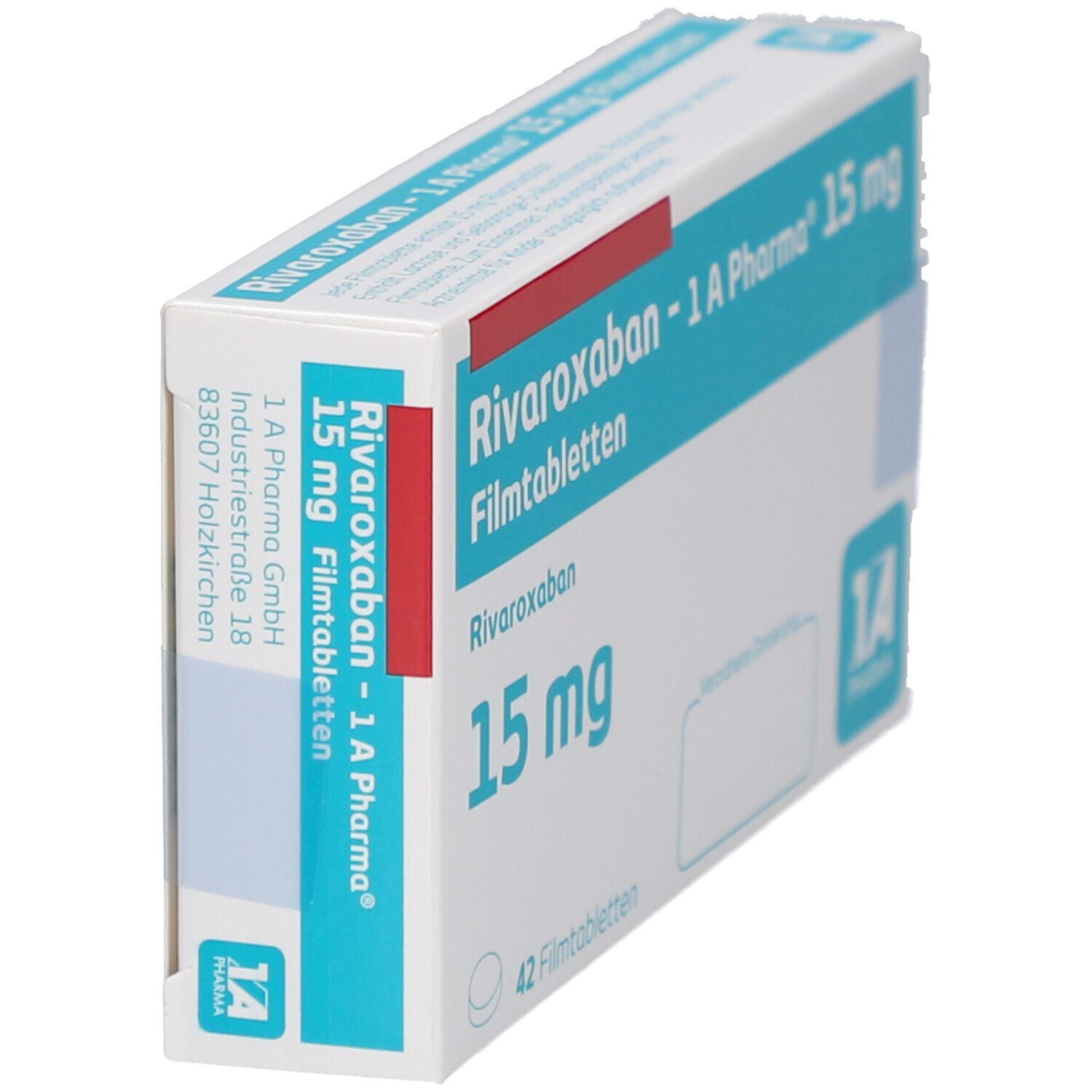 Schachtel mit Filmtabletten, schräg. Aufschrift: Rivaroxaban - 1 A Pharma 15 mg Filmtabletten. Logo 1 A Pharma. Adresse: 1 A Pharma GmbH.