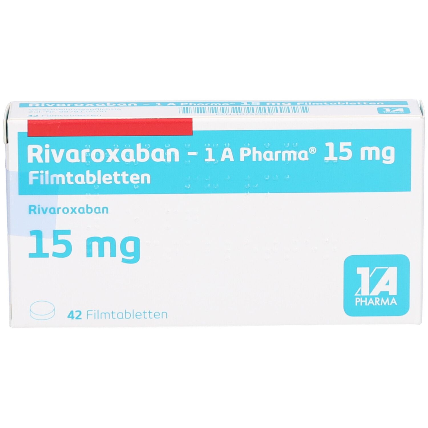 Schachtel mit Filmtabletten. Aufschrift: Rivaroxaban - 1 A Pharma 15 mg Filmtabletten. 42 Filmtabletten. Logo 1 A Pharma.