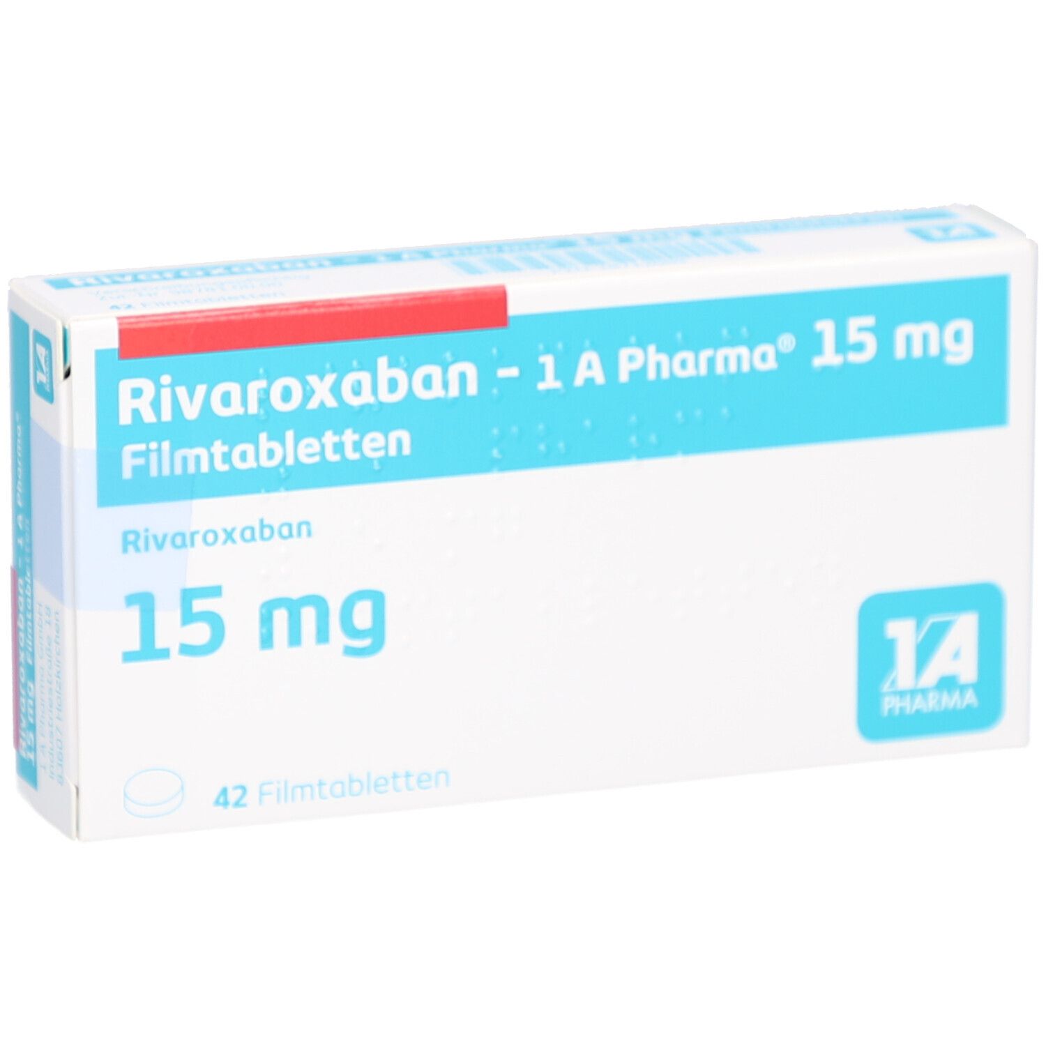 Schachtel mit Filmtabletten. Aufschrift: Rivaroxaban - 1 A Pharma 15 mg Filmtabletten. 42 Filmtabletten. Logo 1 A Pharma.