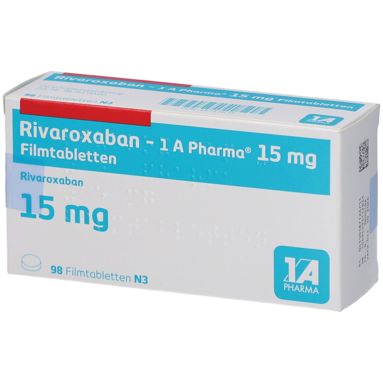 Schachtel mit RIVAROXABAN-1A Pharma 15 mg Filmtabletten. Blaue und weiße Verpackung mit Produktnamen und Dosierung. 98 Filmtabletten.