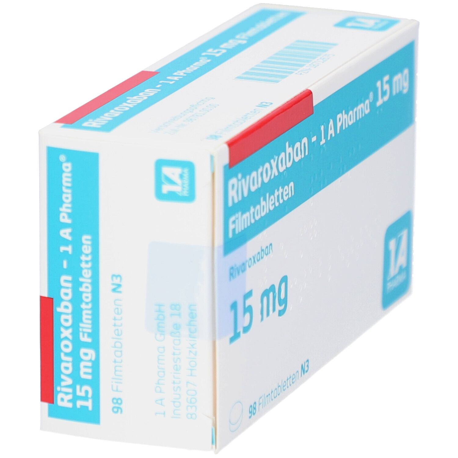 Schachtel mit RIVAROXABAN-1A Pharma 15 mg Filmtabletten. Blaue und weiße Verpackung mit Produktnamen und Dosierung. 98 Filmtabletten.
