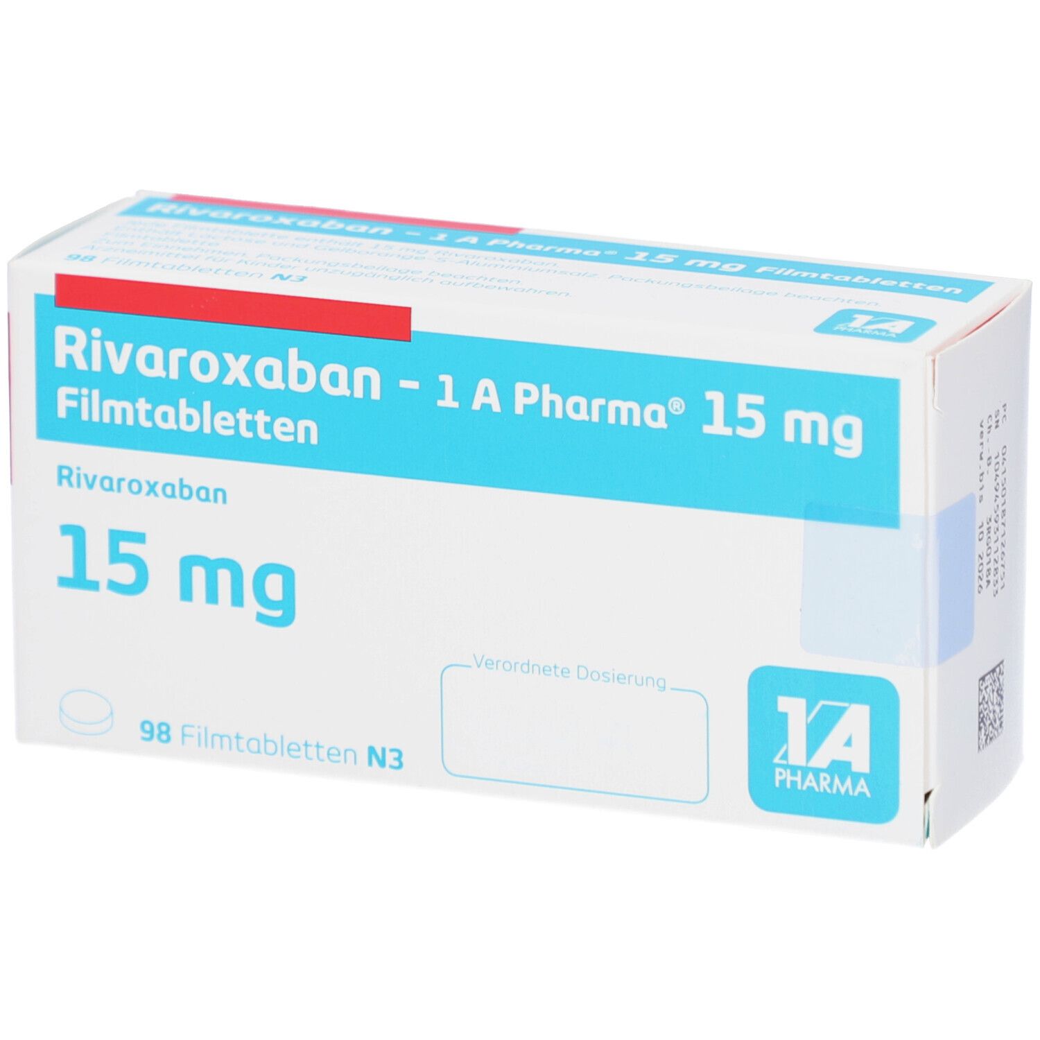 Schachtel mit RIVAROXABAN-1A Pharma 15 mg Filmtabletten. Blaue und weiße Verpackung mit Produktnamen und Dosierung. 98 Filmtabletten.
