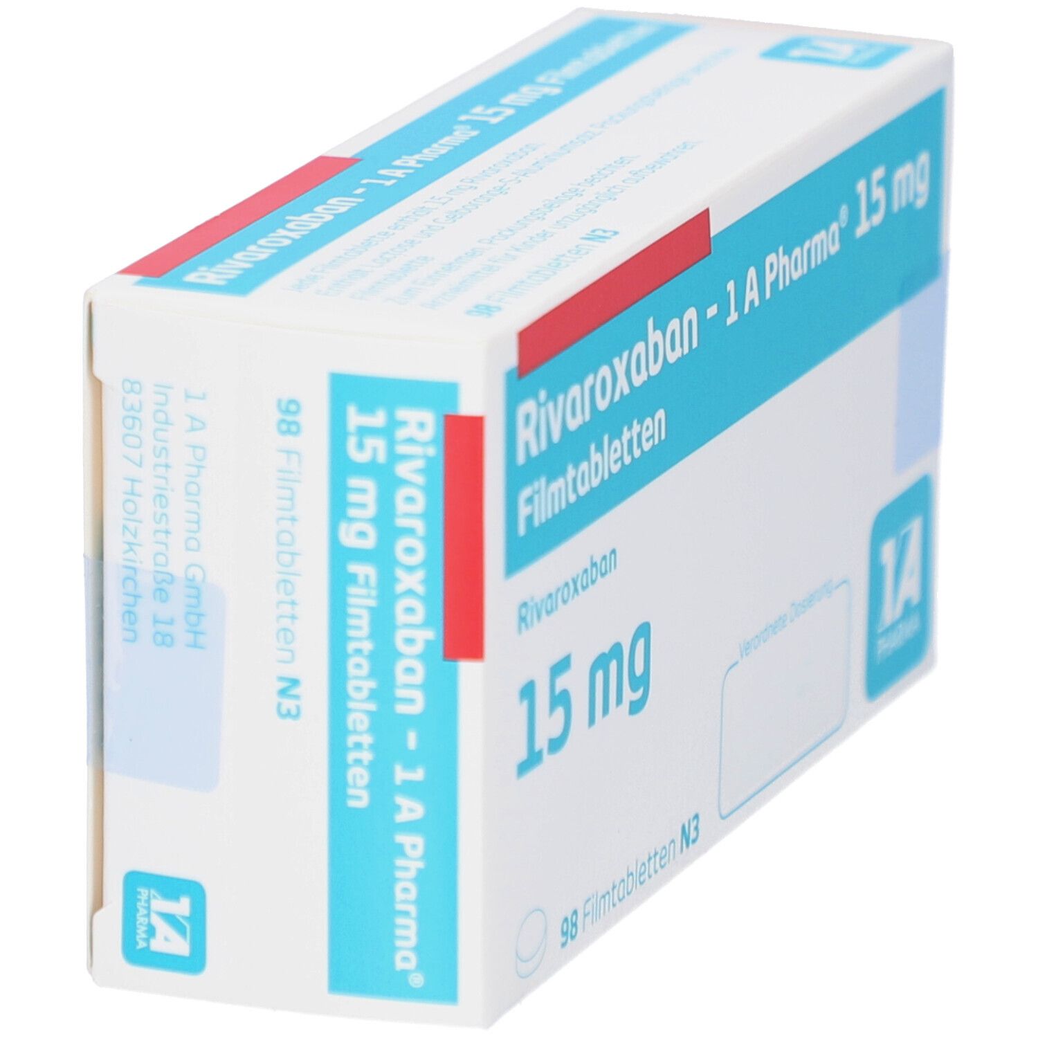 Schachtel mit RIVAROXABAN-1A Pharma 15 mg Filmtabletten. Blaue und weiße Verpackung mit Produktnamen und Dosierung. 98 Filmtabletten.