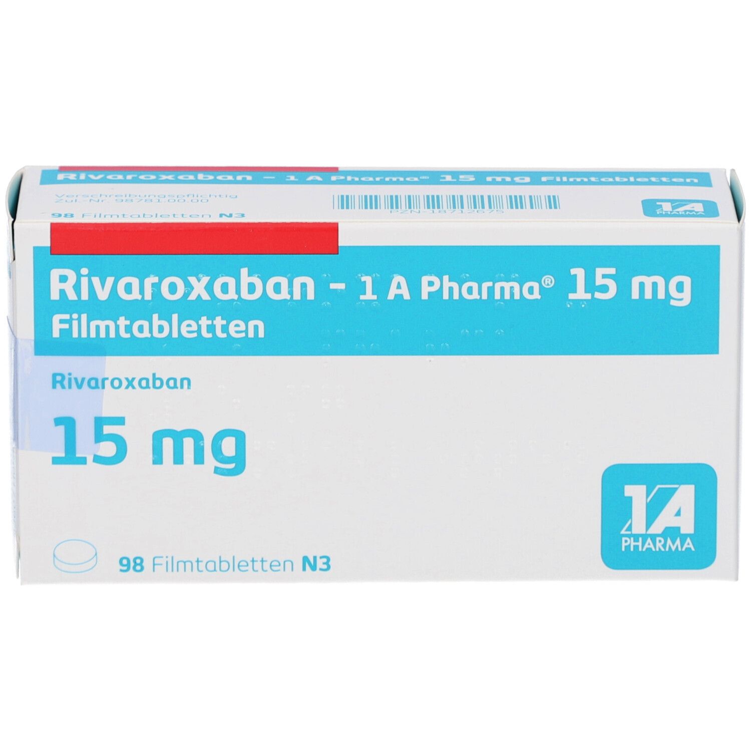 Schachtel mit RIVAROXABAN-1A Pharma 15 mg Filmtabletten. Blaue und weiße Verpackung mit Produktnamen und Dosierung. 98 Filmtabletten.