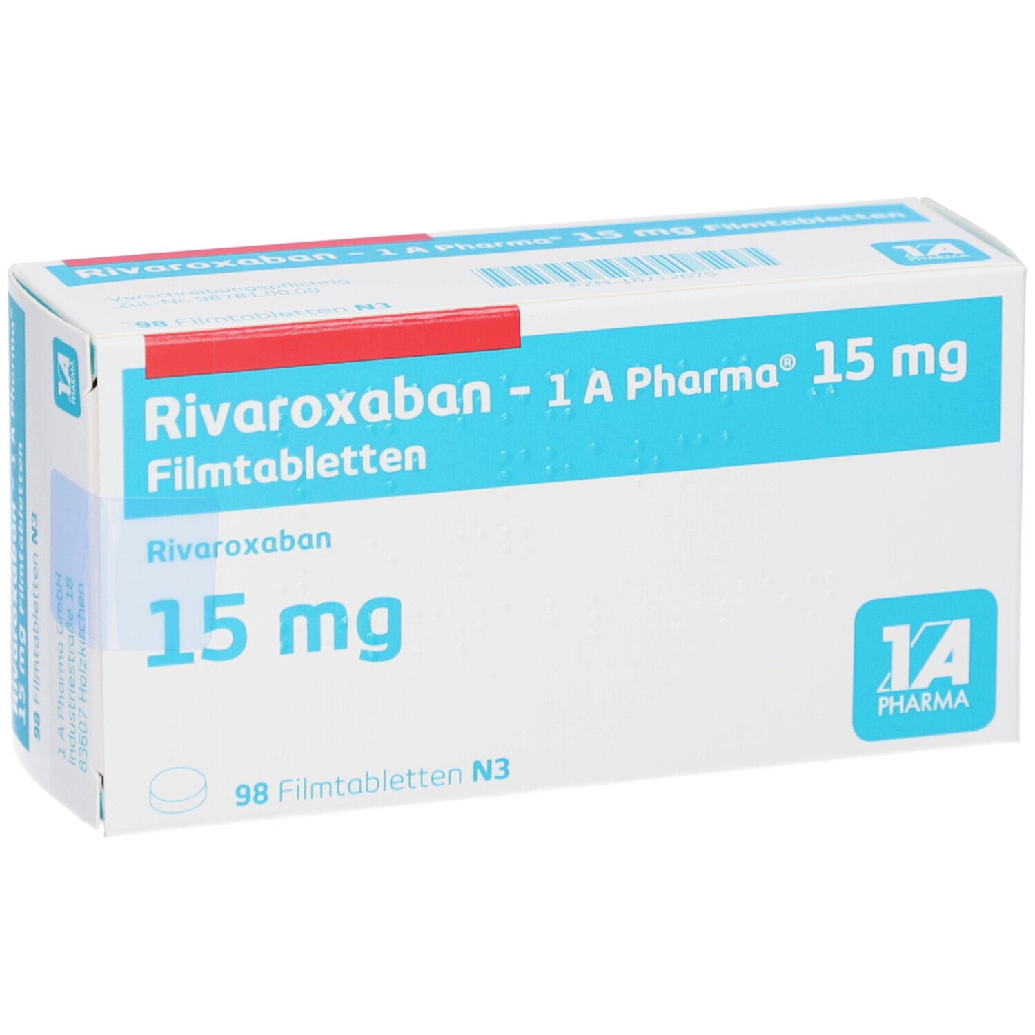 Schachtel mit RIVAROXABAN-1A Pharma 15 mg Filmtabletten. Blaue und weiße Verpackung mit Produktnamen und Dosierung. 98 Filmtabletten.