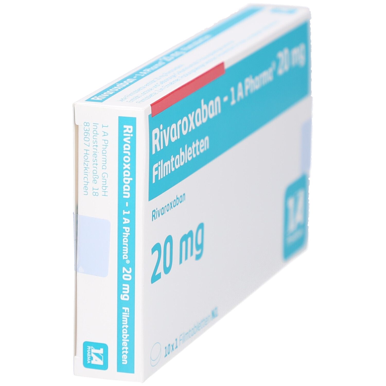 Schachtel RIVAROXABAN-1A Pharma 20 mg Filmtabletten. Blaue und weiße Verpackung, Seitenansicht. Produktname und Dosierung sichtbar. Logo 1A Pharma.