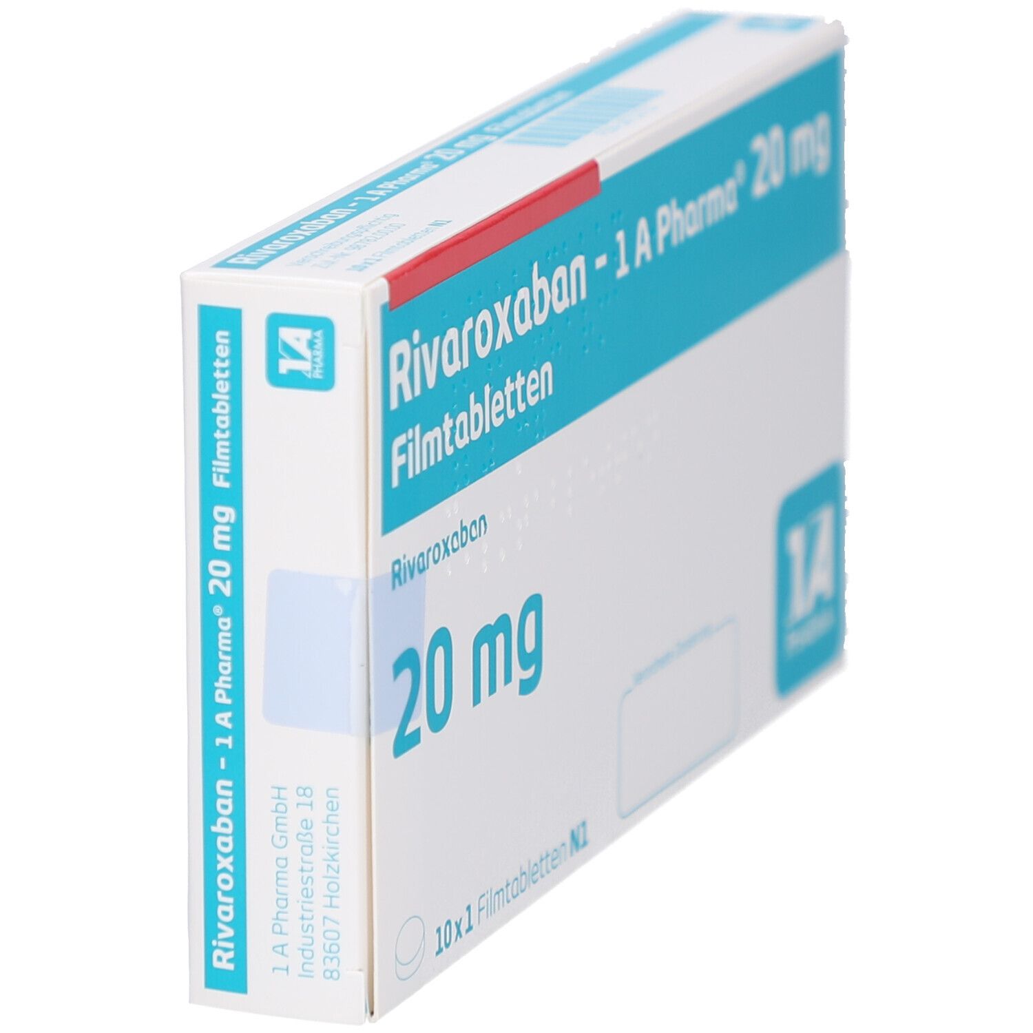Schachtel RIVAROXABAN-1A Pharma 20 mg Filmtabletten. Blaue und weiße Verpackung, Seitenansicht. Produktname und Dosierung sichtbar. Logo 1A Pharma.