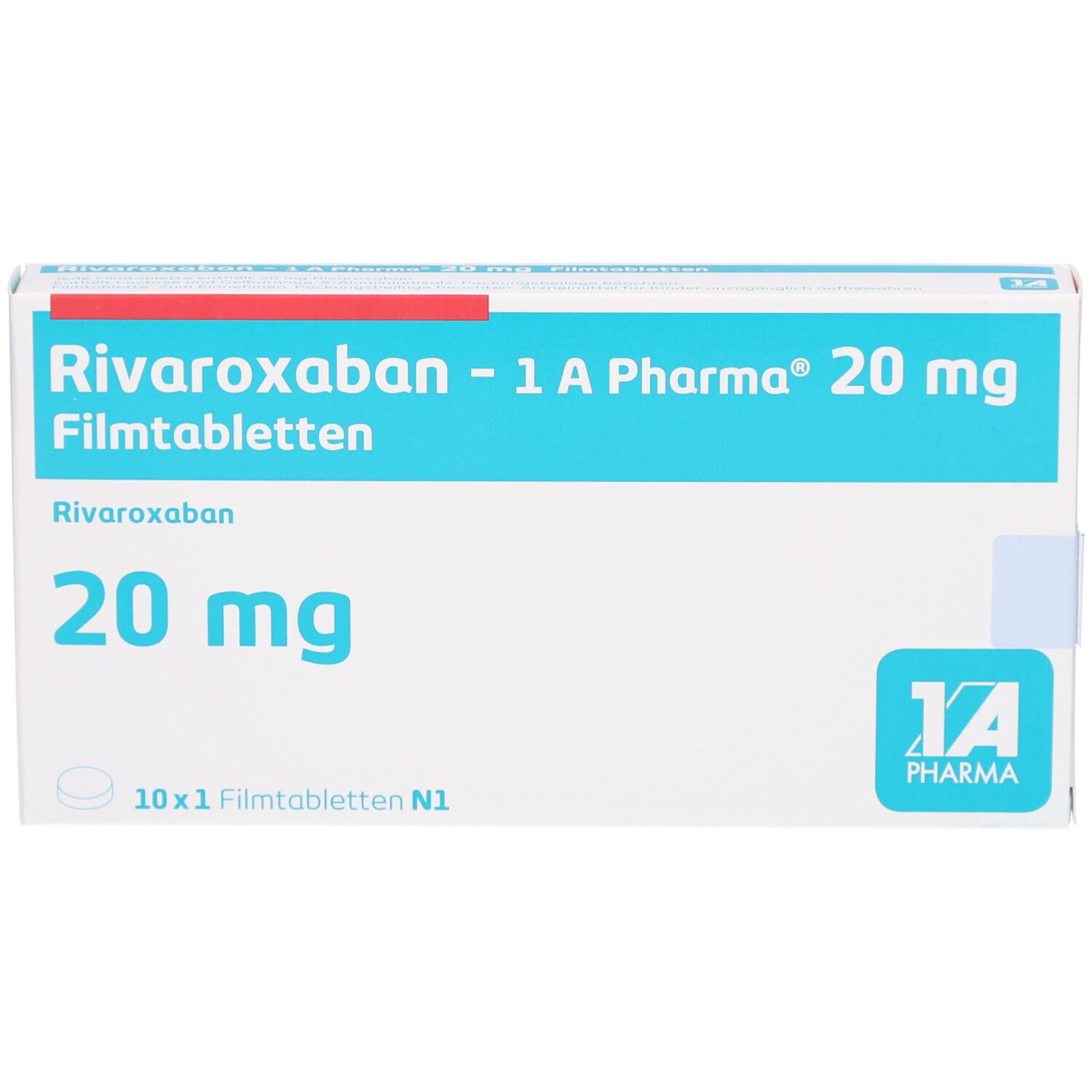Schachtel mit RIVAROXABAN-1A Pharma 20 mg Filmtabletten. Blaue und weiße Verpackung mit Produktnamen und Dosierung. Logo von 1A Pharma.