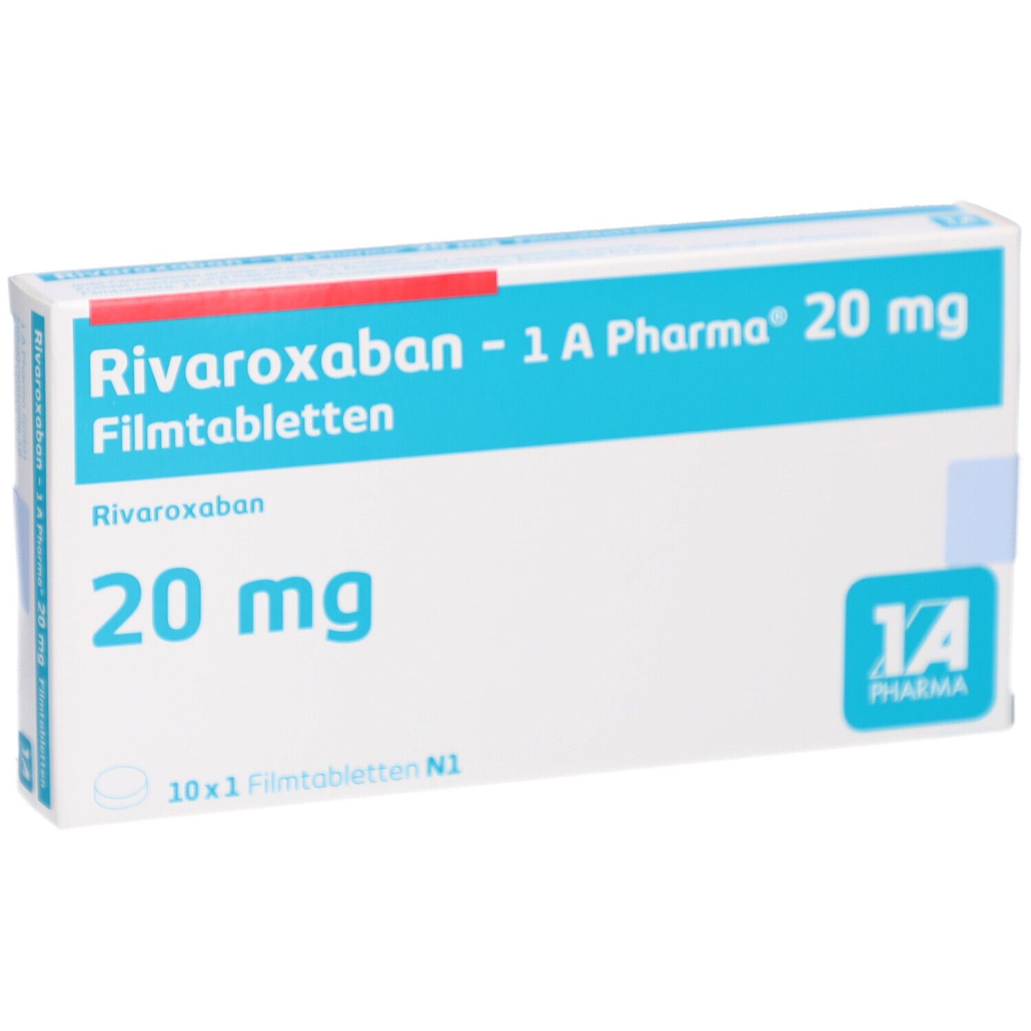 Schachtel mit RIVAROXABAN-1A Pharma 20 mg Filmtabletten. Blaue und weiße Verpackung mit Produktnamen und Dosierung. Logo von 1A Pharma.