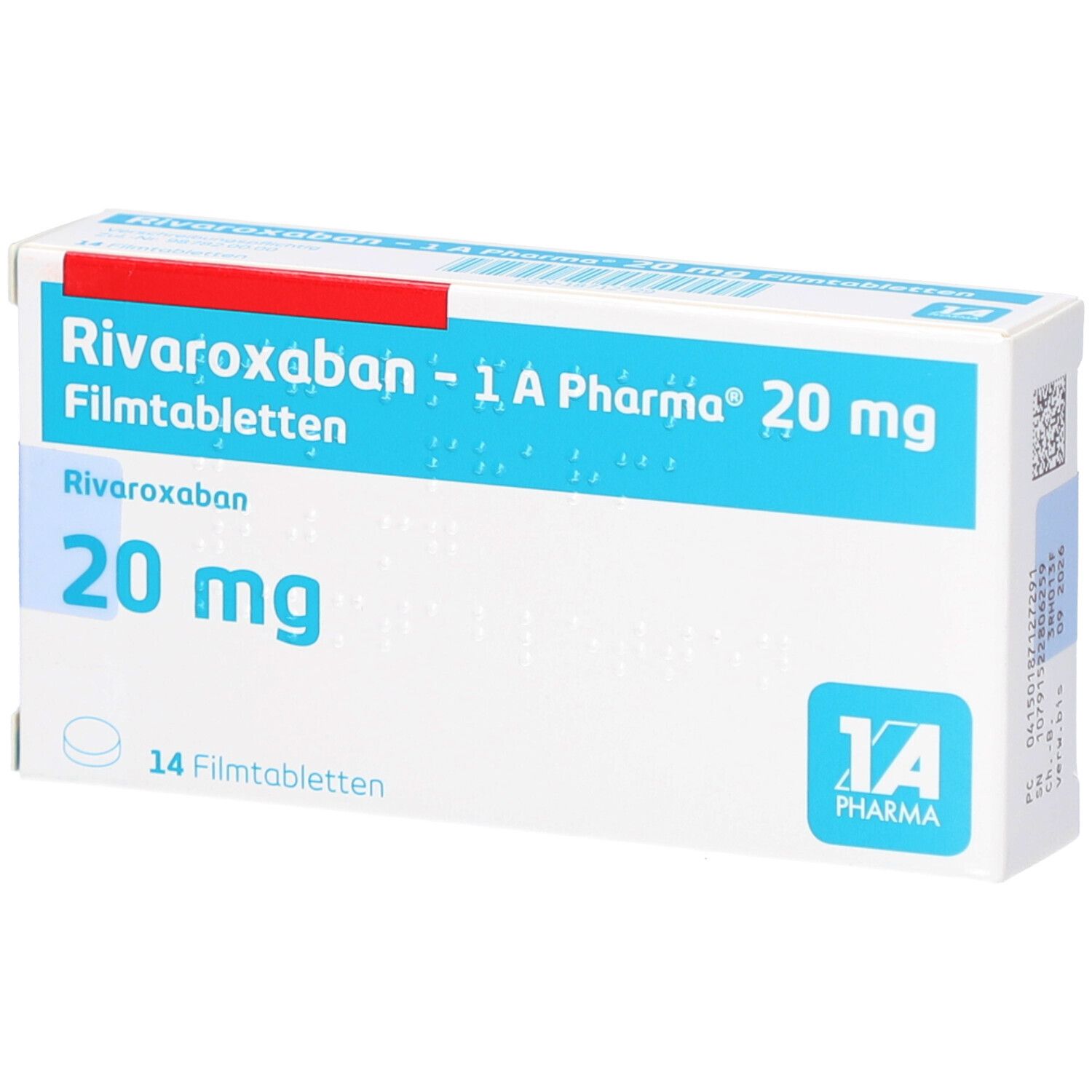 Schachtel mit 'Rivaroxaban - 1 A Pharma 20 mg Filmtabletten'. Blaue Schrift, 14 Filmtabletten. Logo '1 A Pharma'.