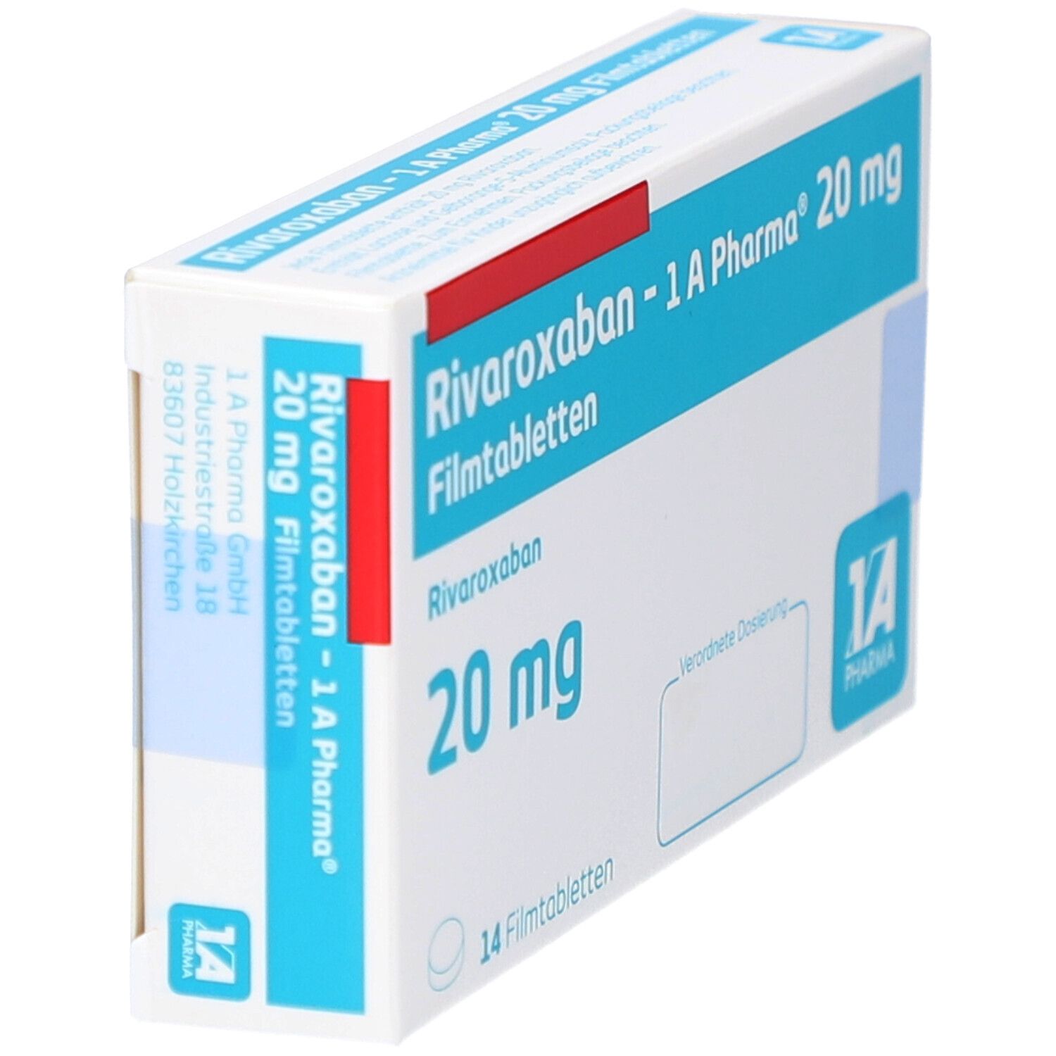 Schachtel 'Rivaroxaban - 1 A Pharma 20 mg Filmtabletten'. Blaue Schrift, 14 Filmtabletten. Logo '1 A Pharma'. Rote Markierung.