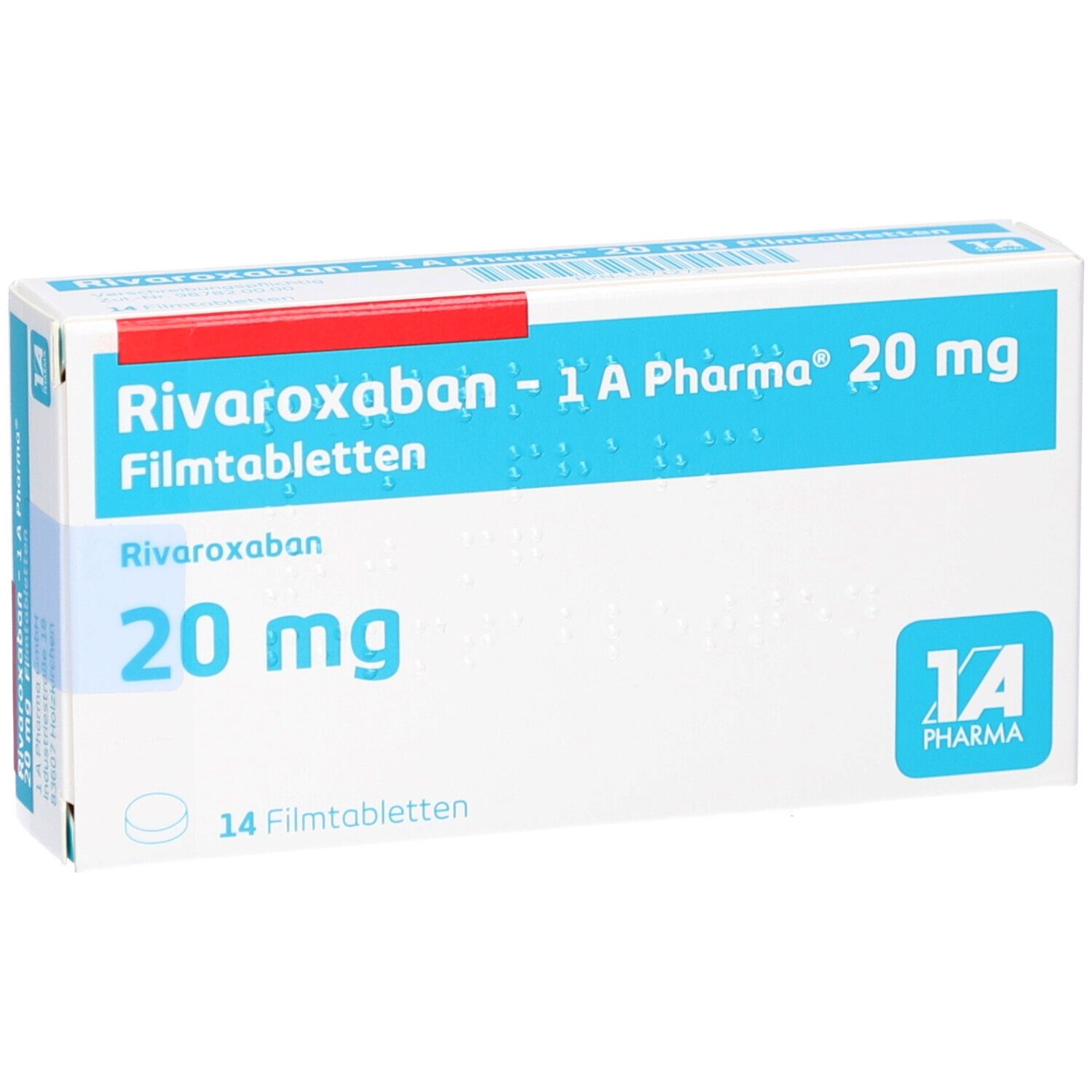 Schachtel 'Rivaroxaban - 1 A Pharma 20 mg Filmtabletten'. Blaue Schrift, 14 Filmtabletten. Logo '1 A Pharma'.