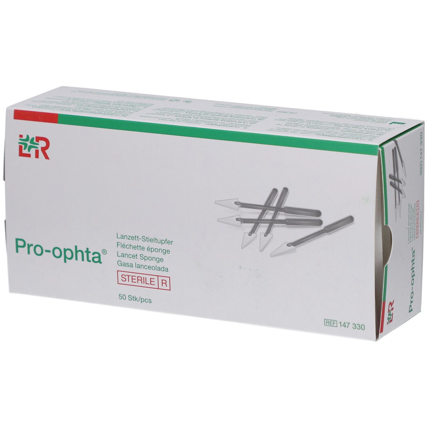 Pro-ophta® Lanzett-Stieltupfer-Verpackung. Weiße Schachtel mit grünen und roten Akzenten. Produktname und Logo deutlich sichtbar. 50 Stück/Packung.