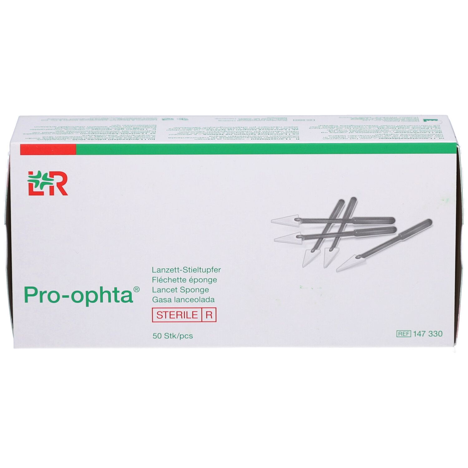 Pro-ophta® Lanzett-Stieltupfer-Verpackung. Weiße Schachtel mit grünen und roten Akzenten. Produktname und Logo deutlich sichtbar. 50 Stück/Packung.