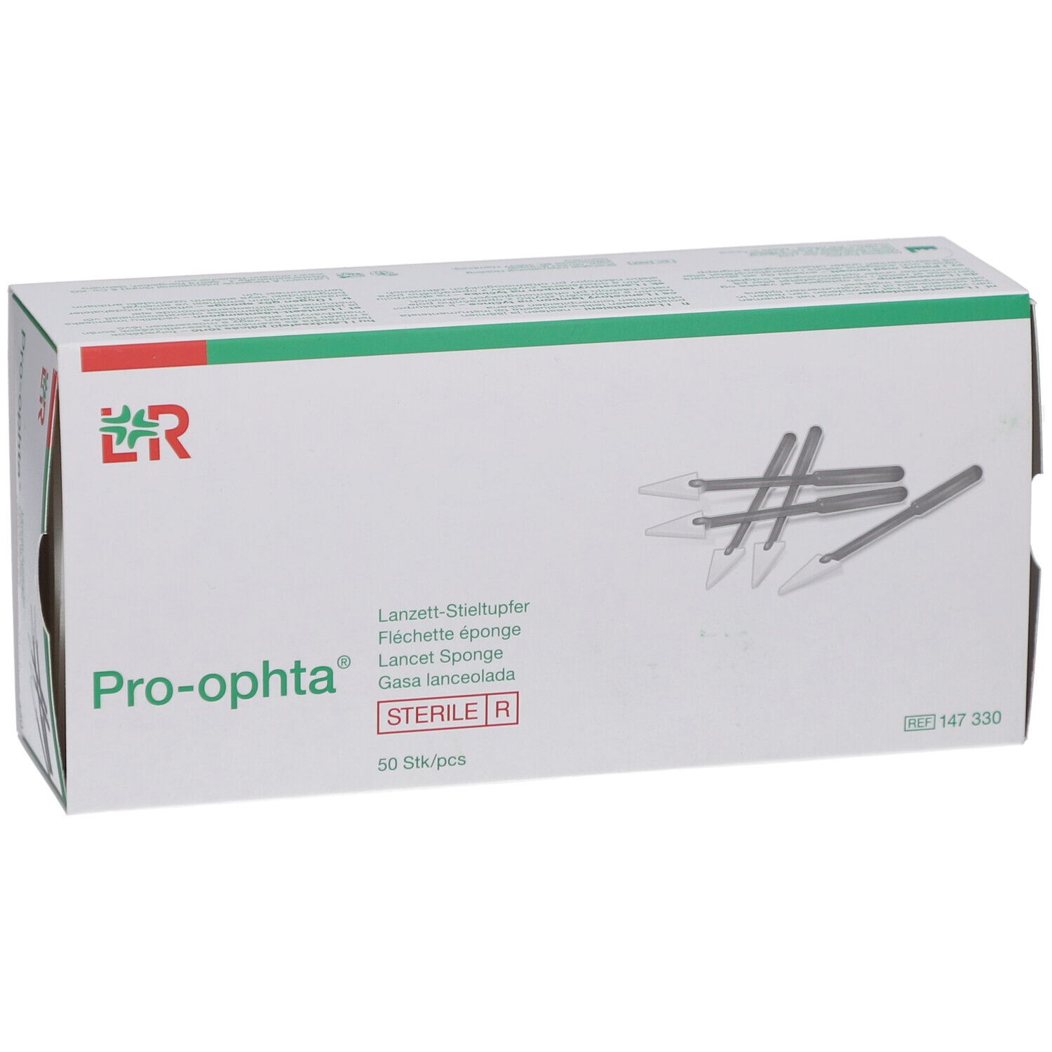 Pro-ophta® Lanzett-Stieltupfer-Verpackung. Weiße Schachtel mit grünen und roten Akzenten. Produktname und Logo deutlich sichtbar. 50 Stück/Packung.