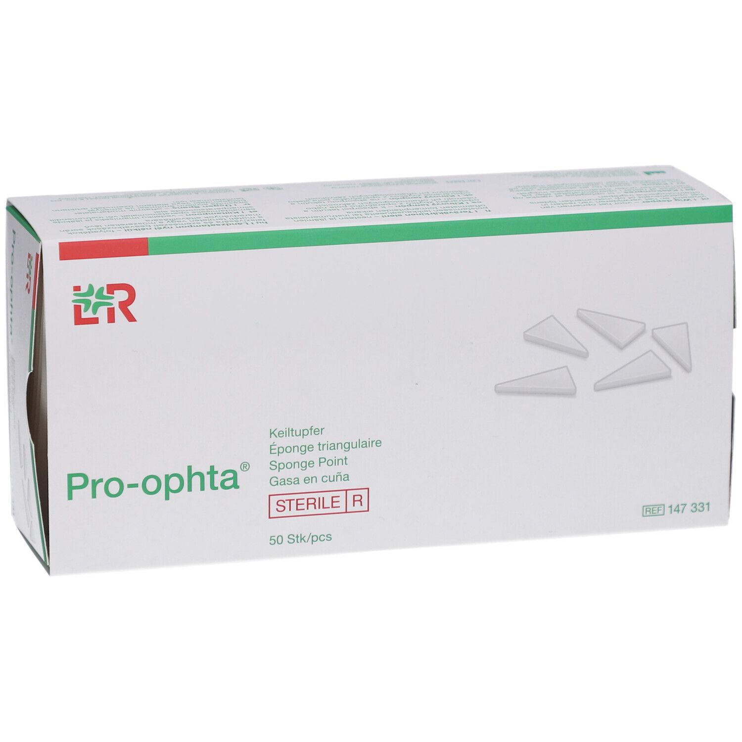 Verpackung von Pro-ophta Keiltupfer, steril. Weißer Karton mit grünen Akzenten. Produktname und Logo deutlich sichtbar. 50 Stück/Packung.