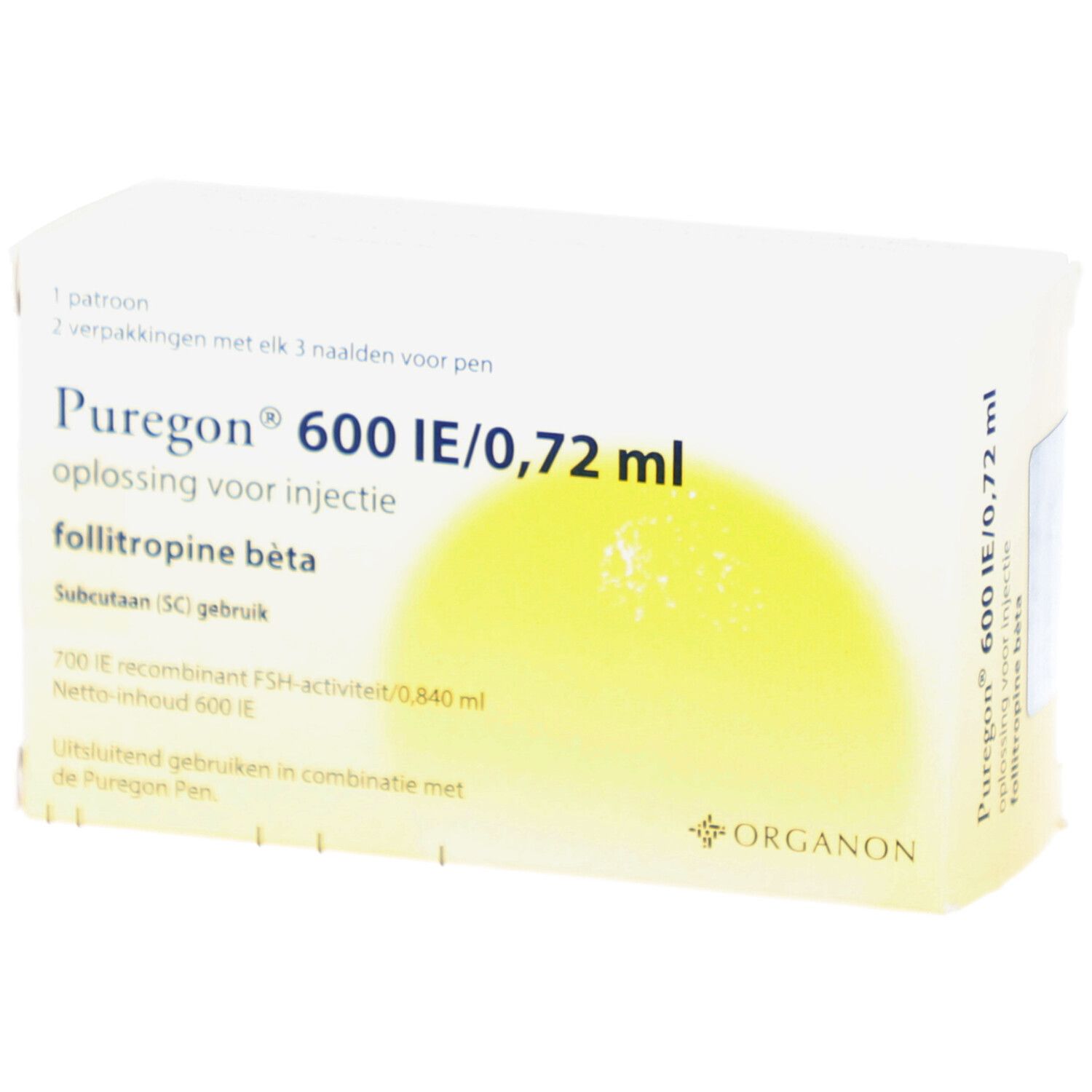Verpackung von PUREGON 600 IE/0,72 ml Injektionslösung. Enthält eine Patrone und 2 Packungen mit Nadeln. Gelber Hintergrund.