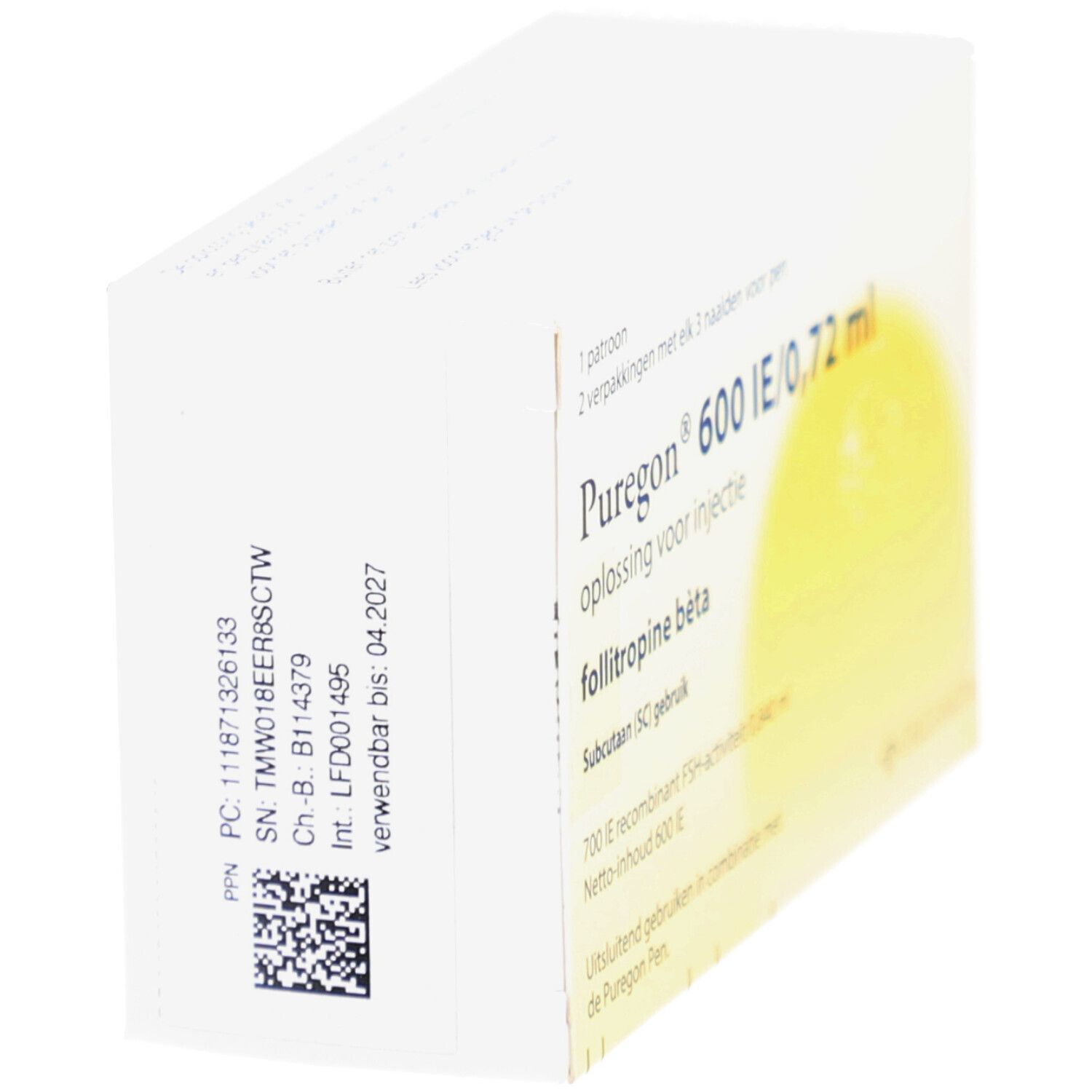 Schräg gestellte Verpackung von PUREGON 600 IE/0,72 ml. Weiße Schachtel mit gelbem Bereich. Text und Barcode sichtbar.