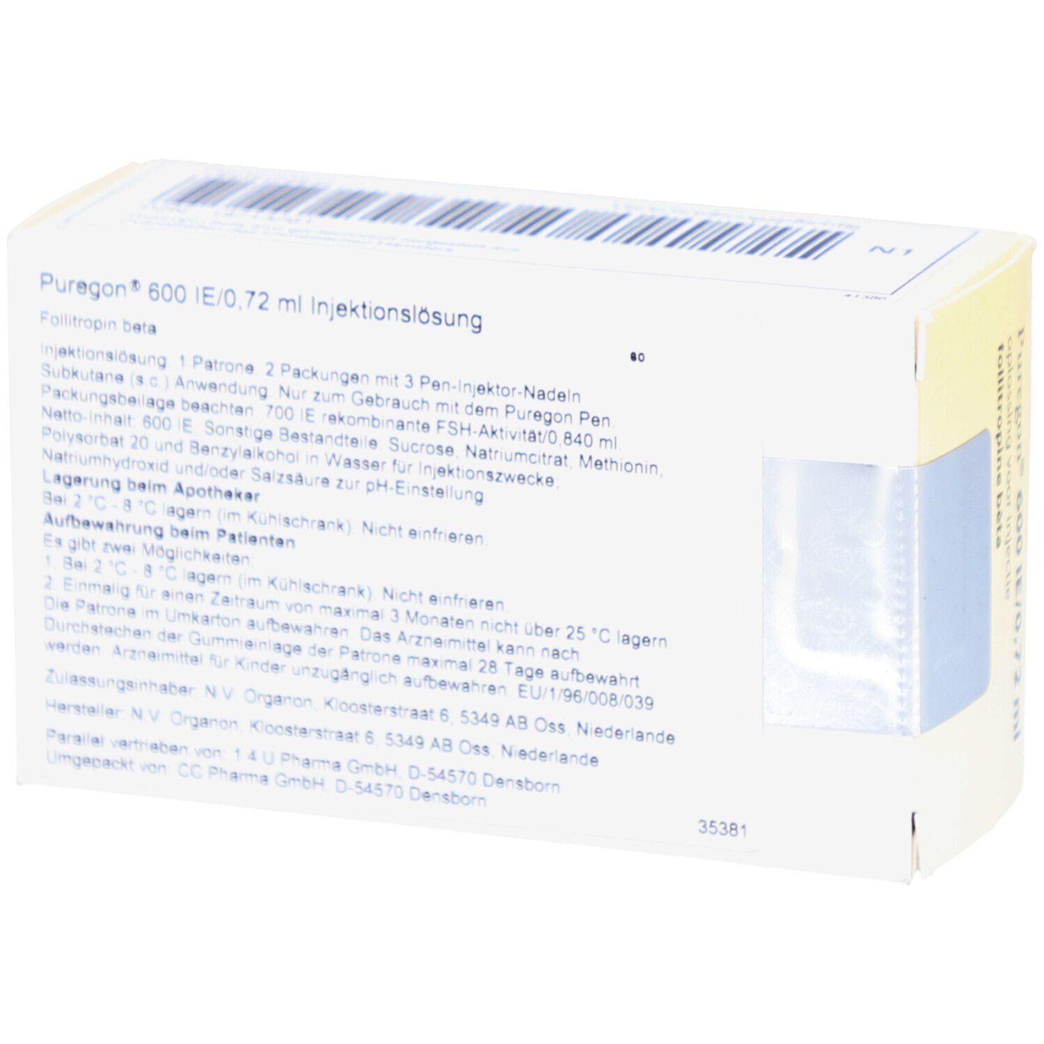 Rückseite der PUREGON 600 IE/0,72 ml Verpackung. Enthält Textinformationen und Barcode. Weißer Hintergrund.