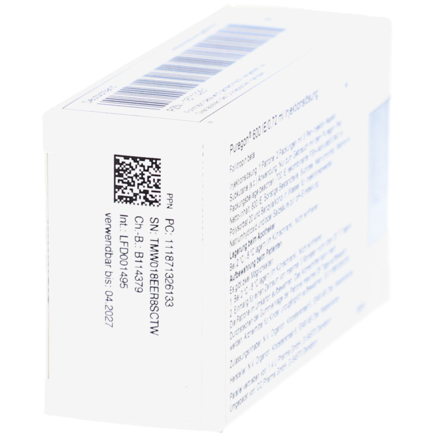 Schräg gestellte Verpackung von PUREGON 600 IE/0,72 ml. Rückseite mit Text und Barcode. Weißer Hintergrund.
