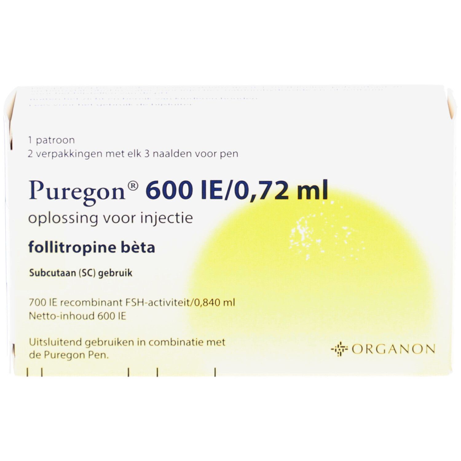 Verpackung von PUREGON 600 IE/0,72 ml Injektionslösung. Enthält eine Patrone und 2 Packungen mit Nadeln. Gelber Hintergrund.