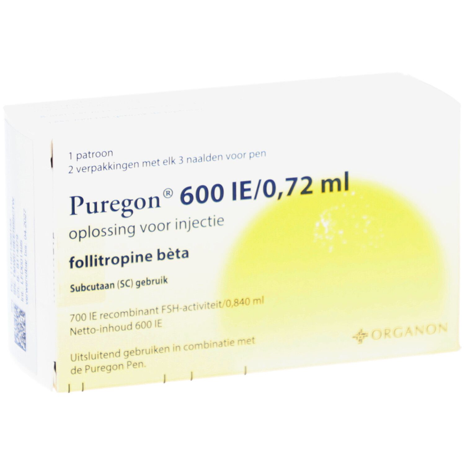 Verpackung von PUREGON 600 IE/0,72 ml Injektionslösung. Enthält eine Patrone und 2 Packungen mit Nadeln. Gelber Hintergrund.